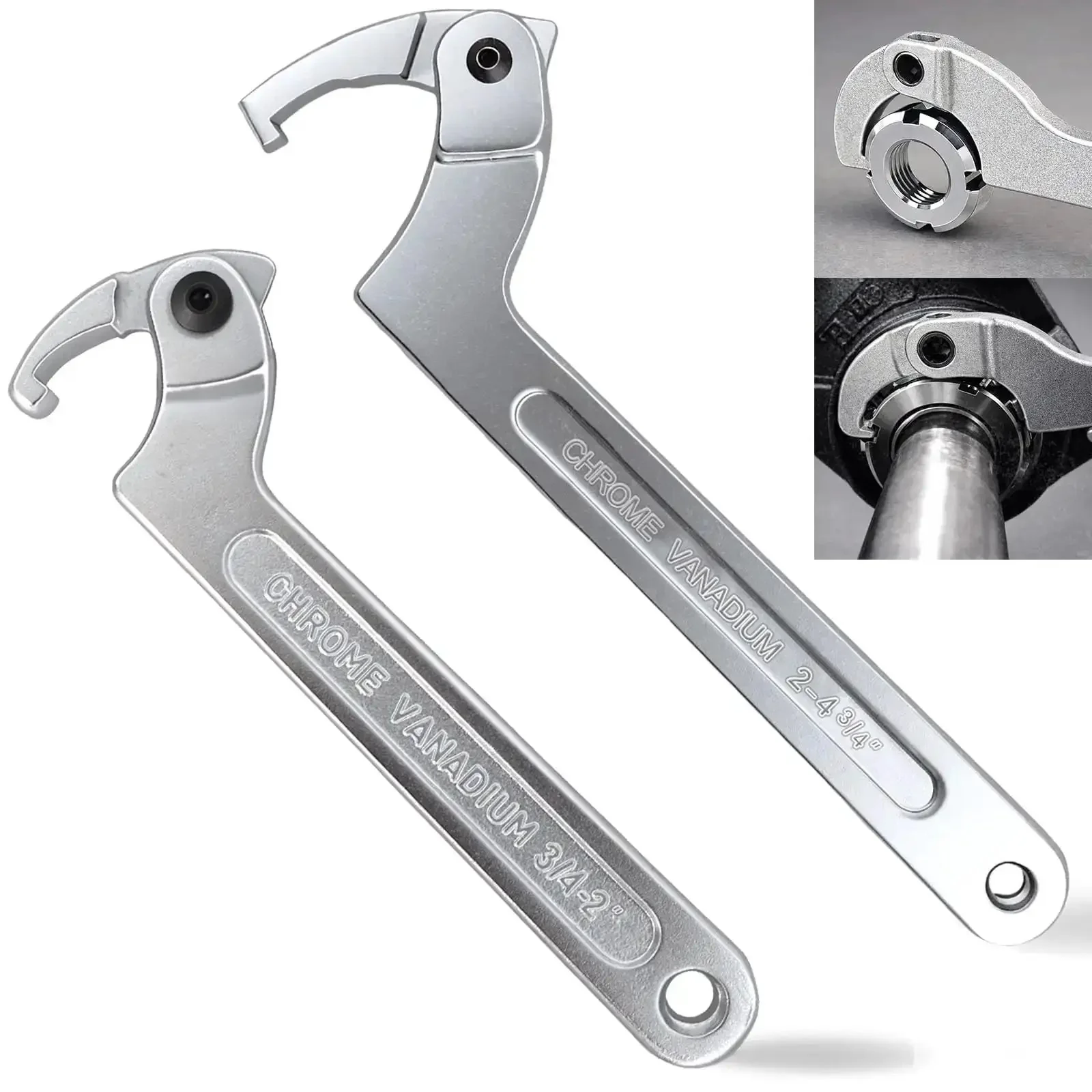 Heavy Duty Adjustable C Spanner Wrench Set In Chrome Vanadium For Tightening Side Slot Nuts On Collars, Lock Nuts And Bearings Collets, Includes 3/4 To 2 Inch And 2 To 4-3/4 Inch Ranges, Durable Chrome Finish