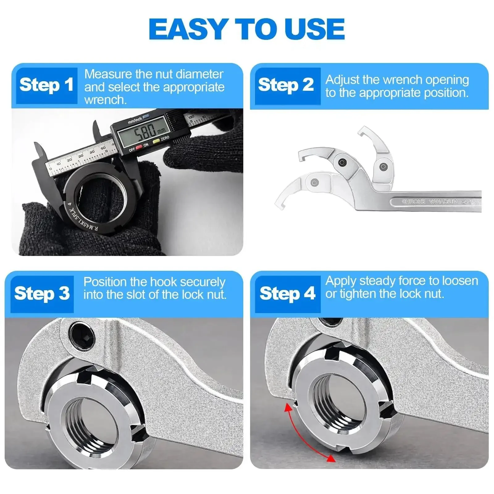 Heavy Duty Adjustable C Spanner Wrench Set In Chrome Vanadium For Tightening Side Slot Nuts On Collars, Lock Nuts And Bearings Collets, Includes 3/4 To 2 Inch And 2 To 4-3/4 Inch Ranges, Durable Chrome Finish - Image 3