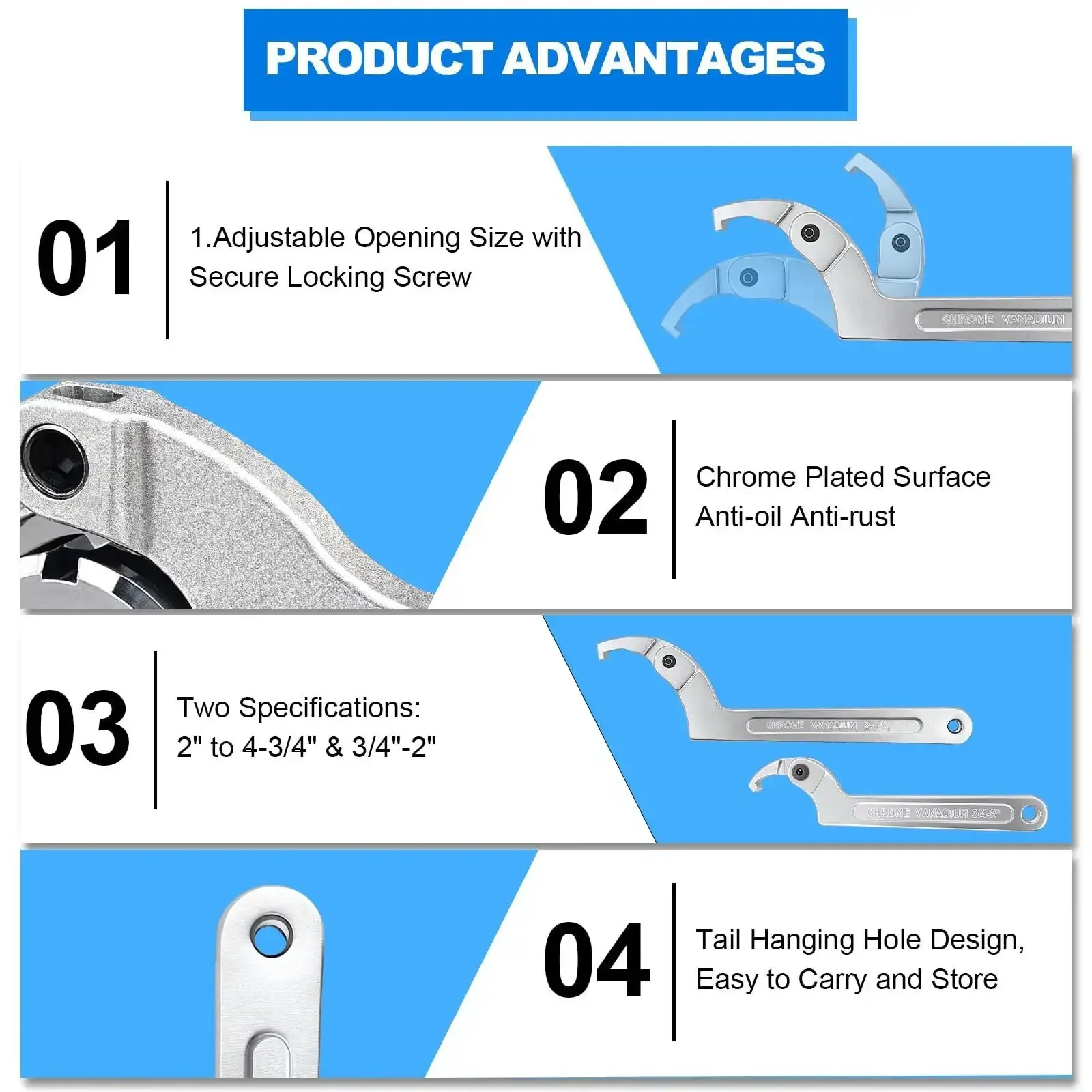 Heavy Duty Adjustable C Spanner Wrench Set In Chrome Vanadium For Tightening Side Slot Nuts On Collars, Lock Nuts And Bearings Collets, Includes 3/4 To 2 Inch And 2 To 4-3/4 Inch Ranges, Durable Chrome Finish - Image 4