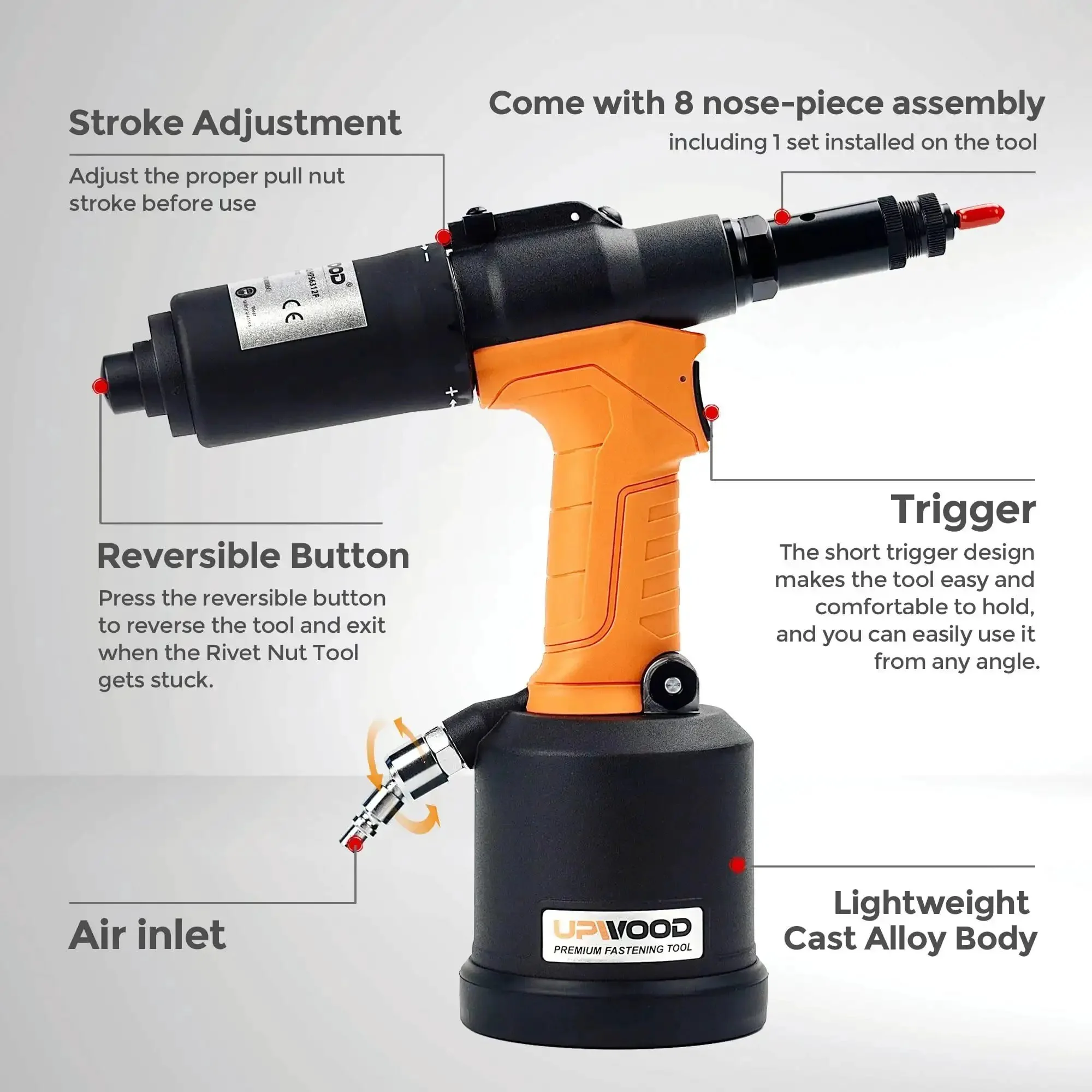 Heavy Duty Air Hydraulic Rivet Nut Tool With Reversible Button, Pro Grade Pneumatic Riveter And Auto Rivet Nut Gun Kit Includes 8 Nose Pieces For M3 To M12 And SAE Sizes, Great For Stainless Steel, Iron, Aluminum, And More - Image 6