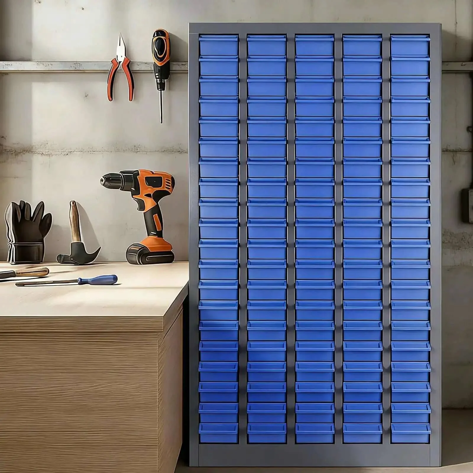 Heavy-Duty Alloy Steel Tool Storage Cabinet With 100 Drawers And Dividers, Nut And Bolt Organizer, 25.8In Long By 8.66In Wide By 46In High, 44.5Lb Capacity For Workshop And Garage, Blue