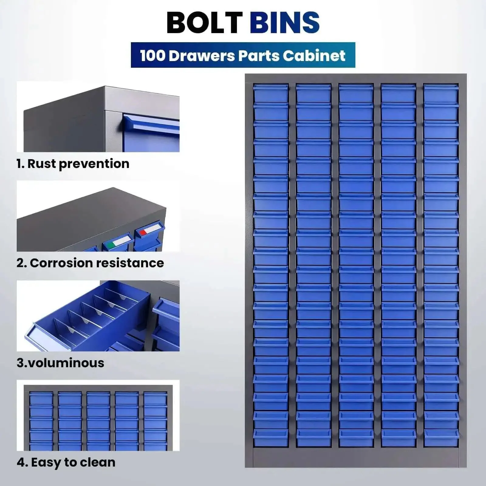Heavy-Duty Alloy Steel Tool Storage Cabinet With 100 Drawers And Dividers, Nut And Bolt Organizer, 25.8In Long By 8.66In Wide By 46In High, 44.5Lb Capacity For Workshop And Garage, Blue - Image 5
