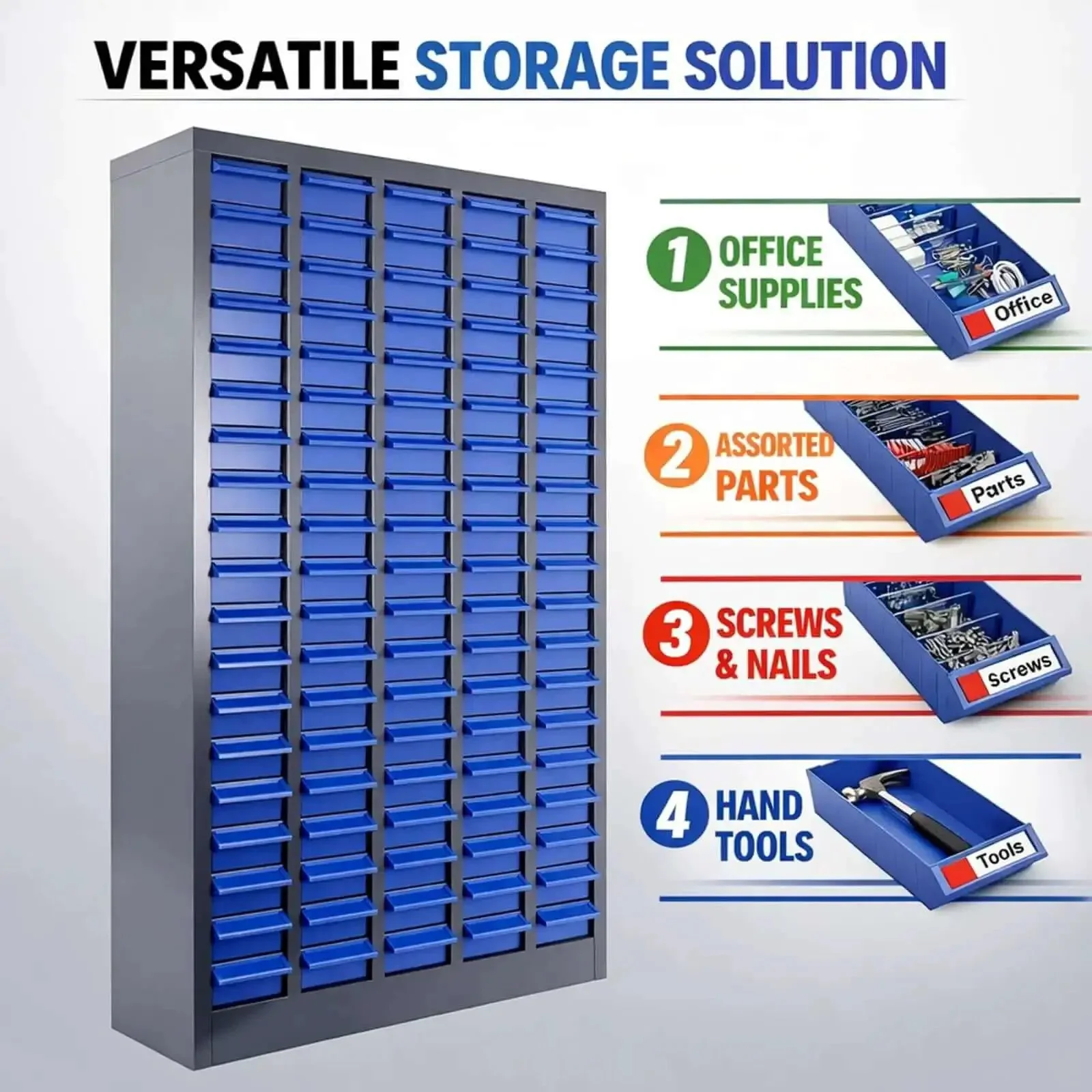 Heavy-Duty Alloy Steel Tool Storage Cabinet With 100 Drawers And Dividers, Nut And Bolt Organizer, 25.8In Long By 8.66In Wide By 46In High, 44.5Lb Capacity For Workshop And Garage, Blue - Image 6