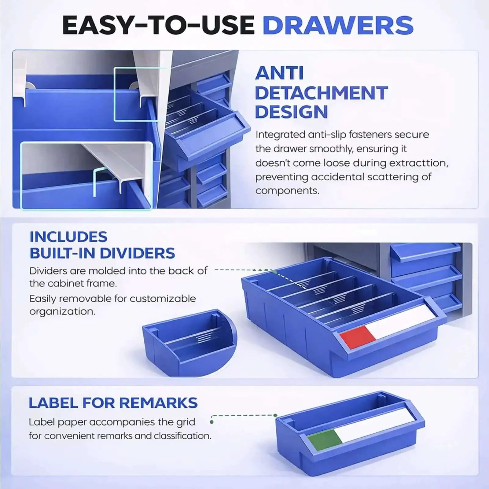 Heavy-Duty Alloy Steel Tool Storage Cabinet With 100 Drawers And Dividers, Nut And Bolt Organizer, 25.8In Long By 8.66In Wide By 46In High, 44.5Lb Capacity For Workshop And Garage, Blue - Image 7