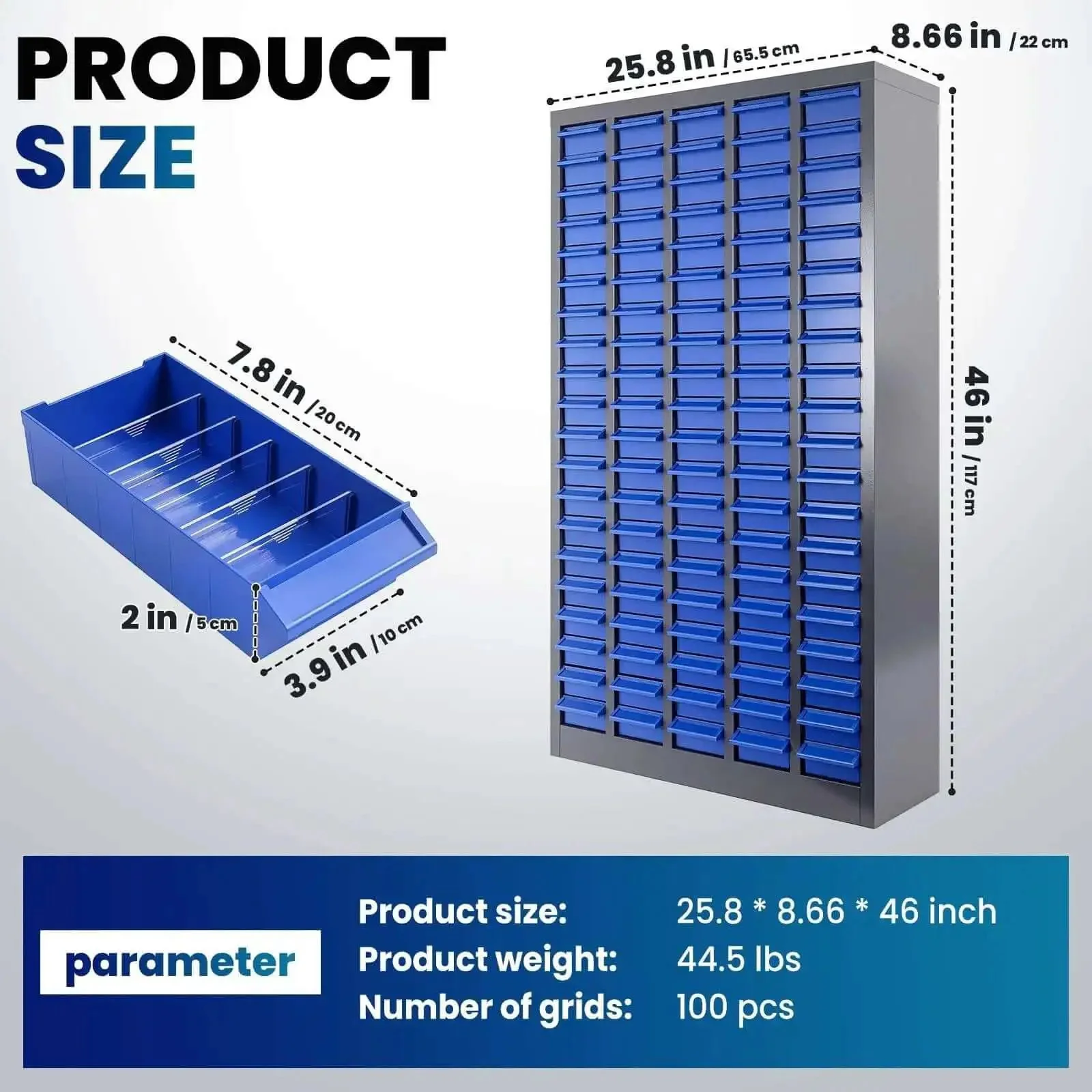 Heavy-Duty Alloy Steel Tool Storage Cabinet With 100 Drawers And Dividers, Nut And Bolt Organizer, 25.8In Long By 8.66In Wide By 46In High, 44.5Lb Capacity For Workshop And Garage, Blue - Image 8