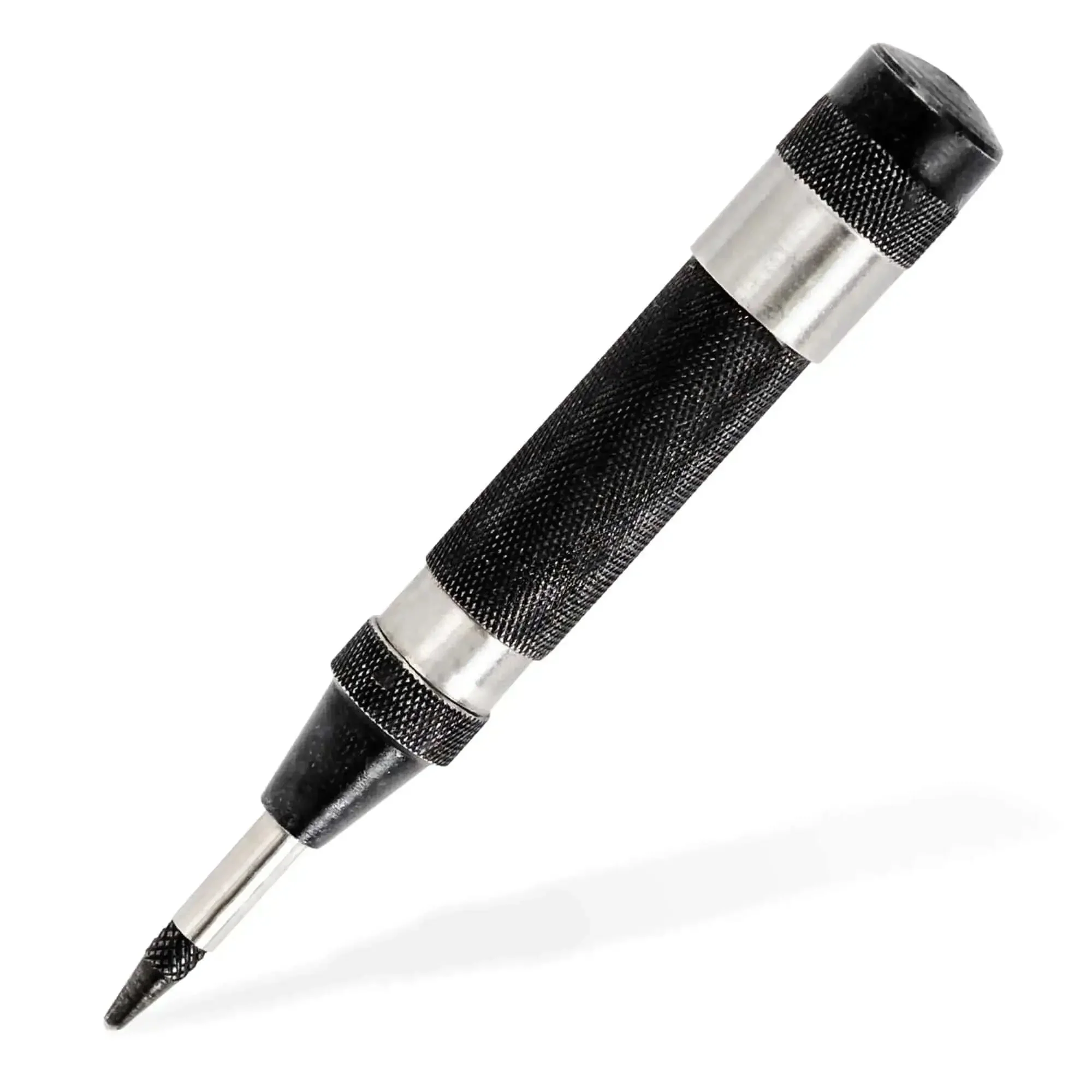 Heavy Duty Automatic Center Punch For Marking And Scribing Holes In Wood And Metal With One Hand Trigger Adjustable Spring Tension Steel Body Replaceable Hardened Point For Machinist And DIY Projects