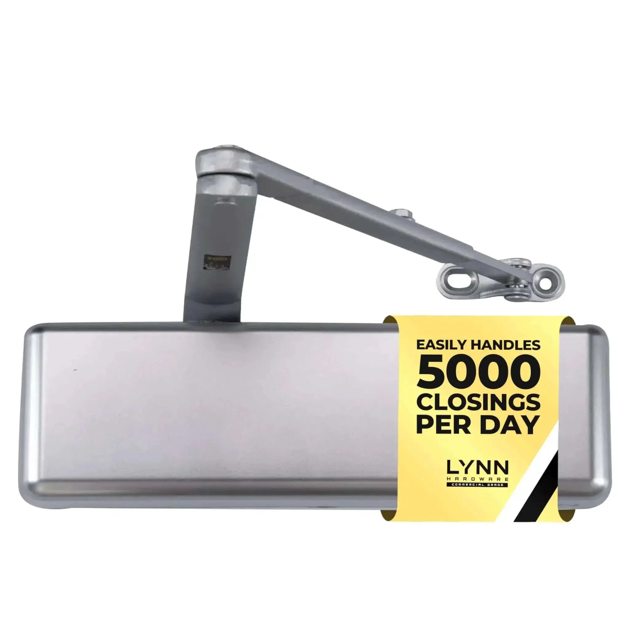 Heavy Duty Automatic Door Closer For Commercial Doors Contractor Grade With Adjustable Speed Delayed Closing Timer Mounting Options Three Hour Fire Silver Finish Built Tough For High Traffic Doors Up To Five Thousand Openings Per Day Model DC9016