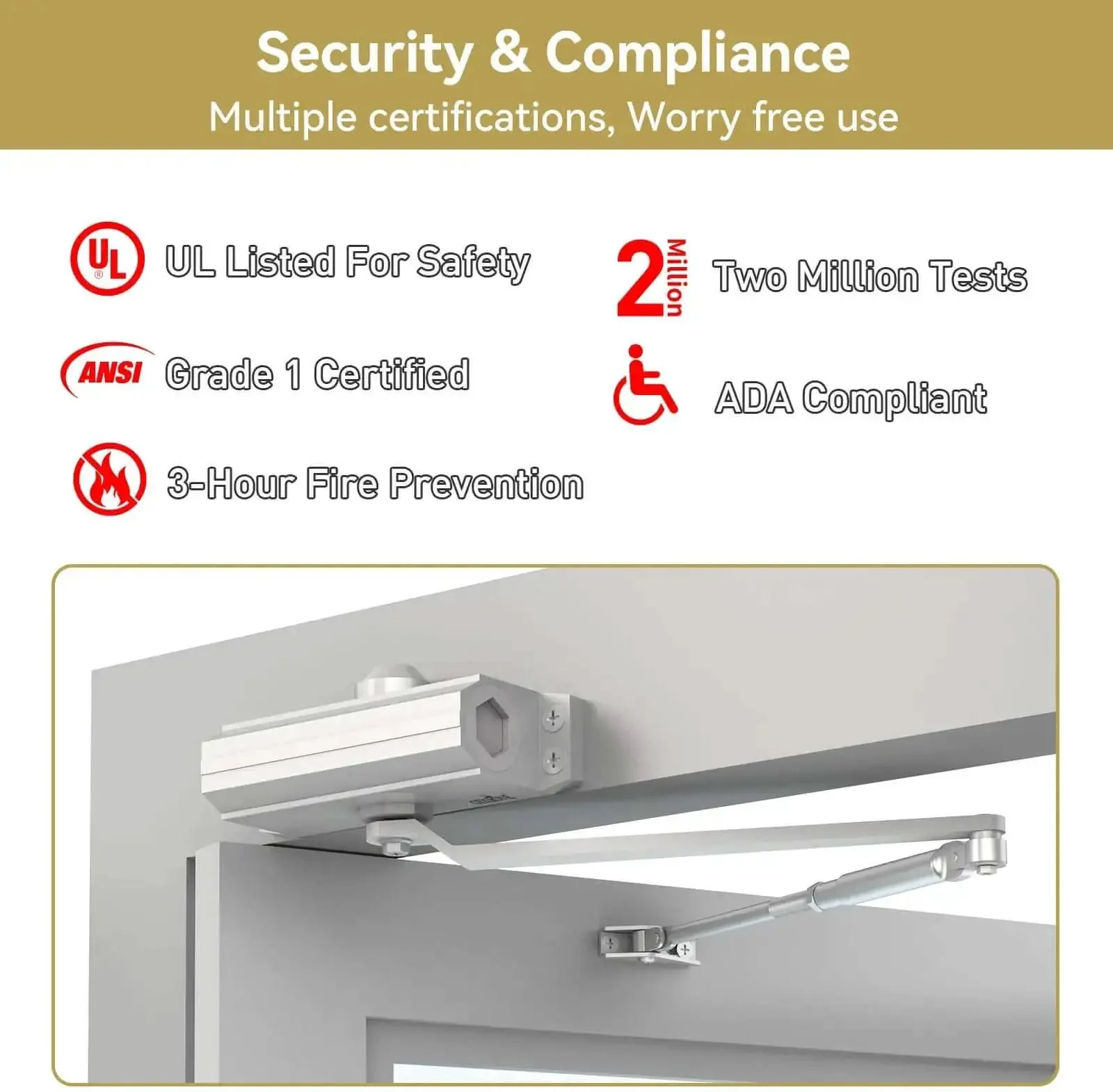 Heavy Duty Automatic Door Closer With Spring Hydraulic Action, Aluminum Alloy Body, Surface Mounted, Fire Resistant And ANSI UL Certified, Residential And Commercial Grade, Adjustable Speed For Doors 187 To 231 Lbs, Silver Finish - Image 4