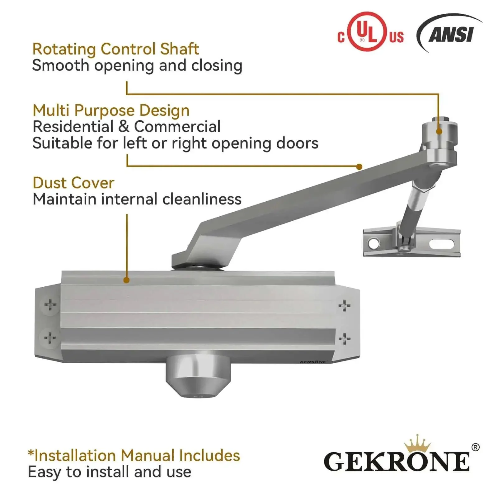 Heavy Duty Automatic Door Closer With Spring Hydraulic Action, Aluminum Alloy Body, Surface Mounted, Fire Resistant And ANSI UL Certified, Residential And Commercial Grade, Adjustable Speed For Doors 187 To 231 Lbs, Silver Finish - Image 6