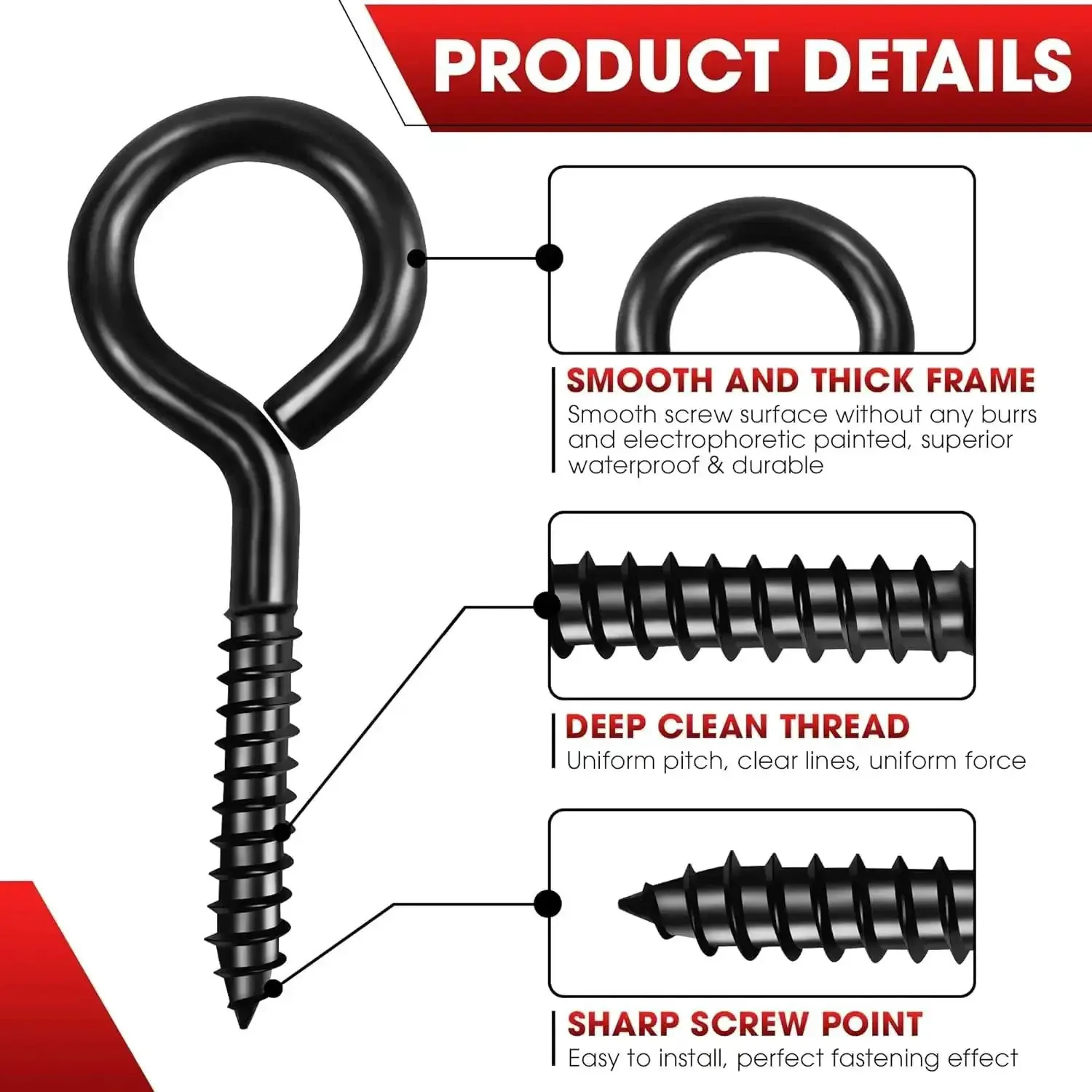 Heavy Duty Black Screw Eyes Set With 3.2 Inch Eye Bolts For Hanging Cables And Wires Ideal For Hammock Stands Indoor And Outdoor Use Durable Steel Securer For Outdoor Gear And Everyday Rigging - Image 4