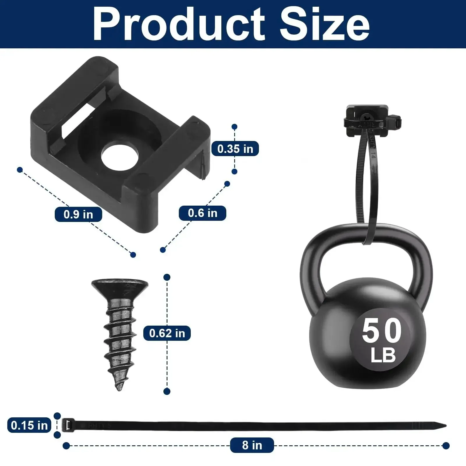 Heavy Duty Cable Zip Tie Mounts Kit With 60 Packs Of 8 Inch Nylon Ties, 5M Screws, And Wall Desk Fasteners For Indoor Outdoor Cable Management, Screw Anchored Easy Install Keeps Cables Tidy And Secure - Image 7