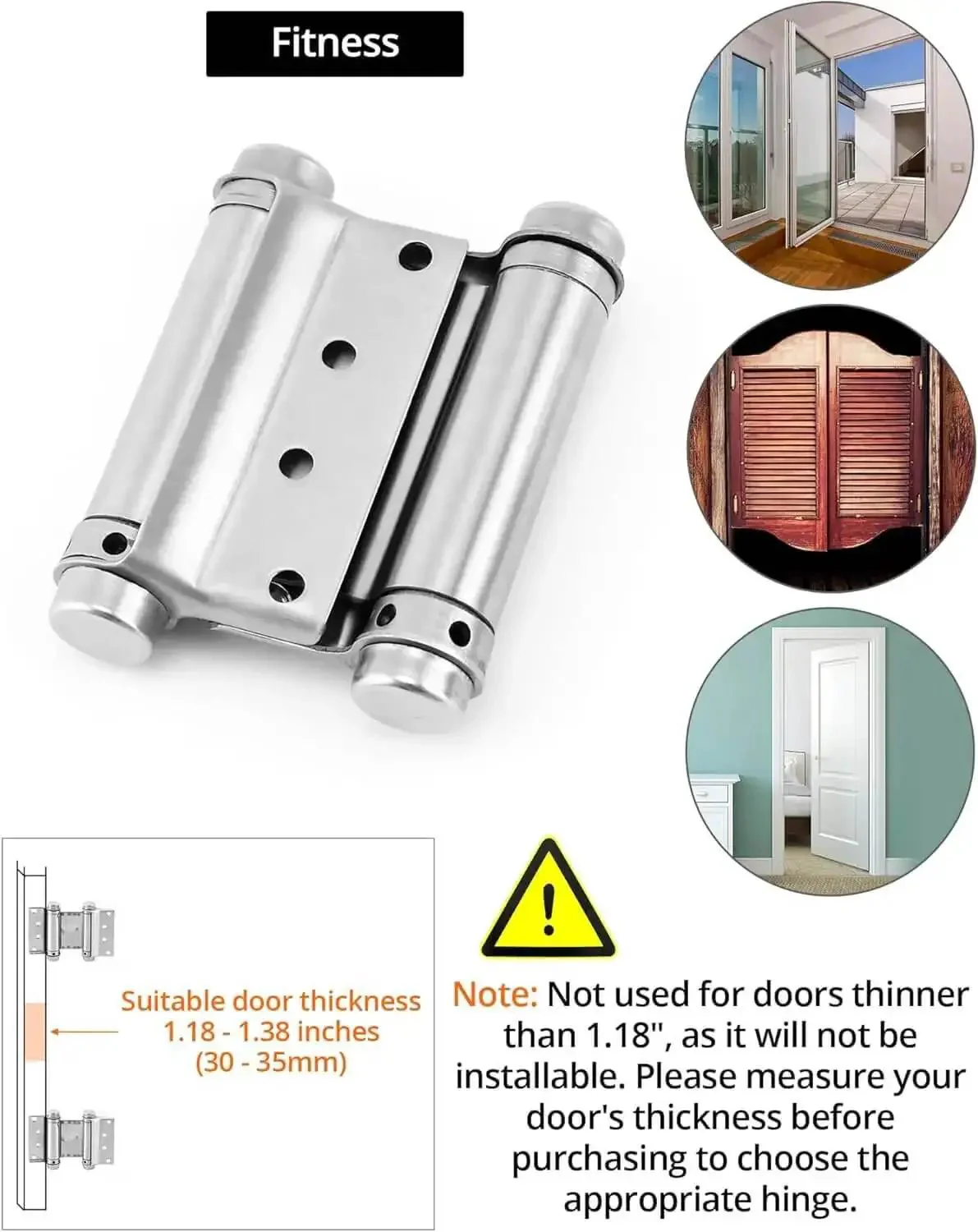 Heavy Duty Cafe Saloon Bar Door Swing Hinges, 8 Pack, 3 Inch Stainless Steel Self Closing Hinges, Double Action Spring Hinges for Two Way Swing, Rust Resistant 201 Stainless, Fits 30 to 35mm Thick Doors, Supports Sixteen And A Half Pounds Per Hinge - Image 7