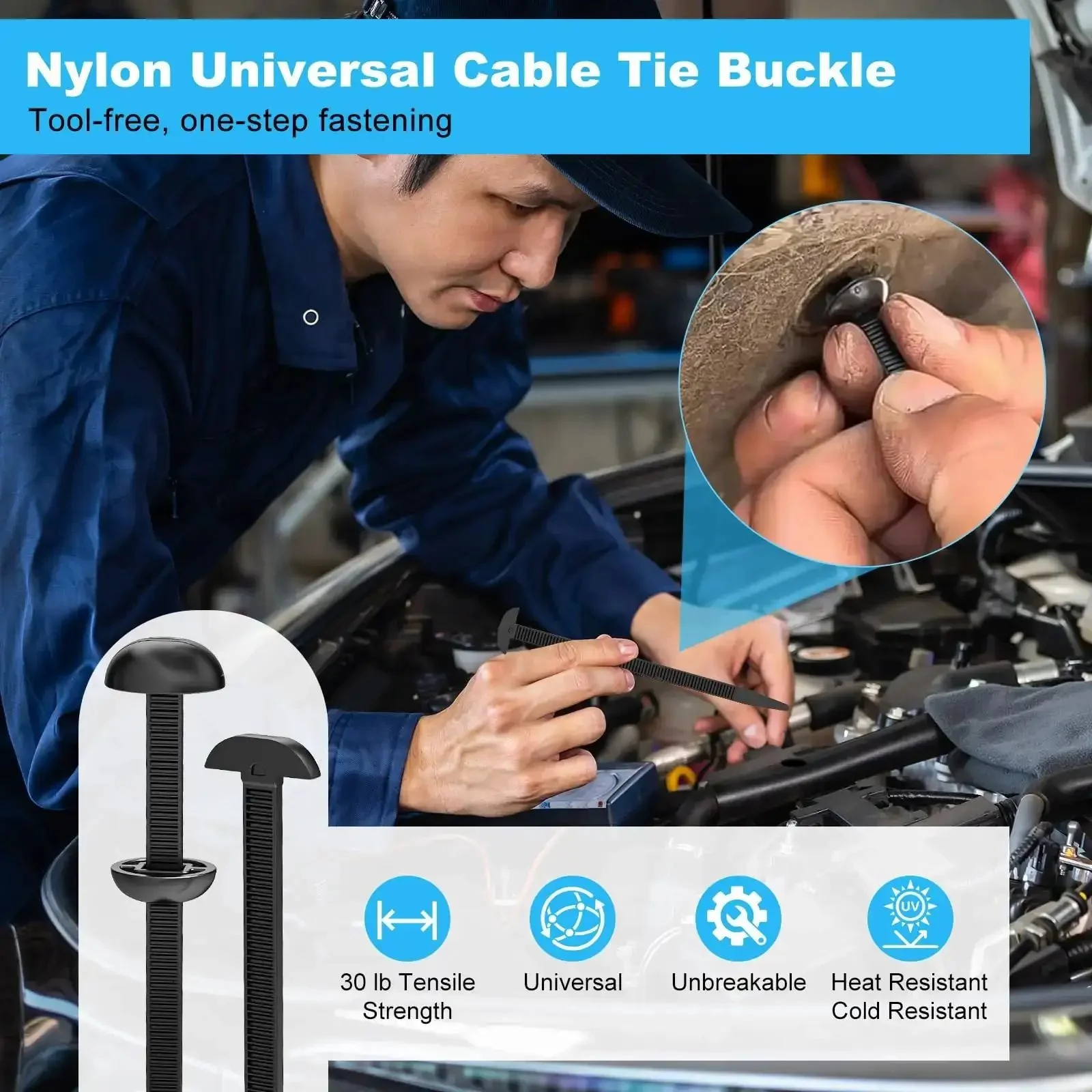 Heavy Duty Car Fastener Kit No Hassle With 50Pcs Nylon Universal Cable Tie Buckles And Self Locking Zip Ties Pin And Button Upgraded Automotive Zipper Clips Dome Top Design For Bumpers Fender Liners Door Panels And Trim - Image 2