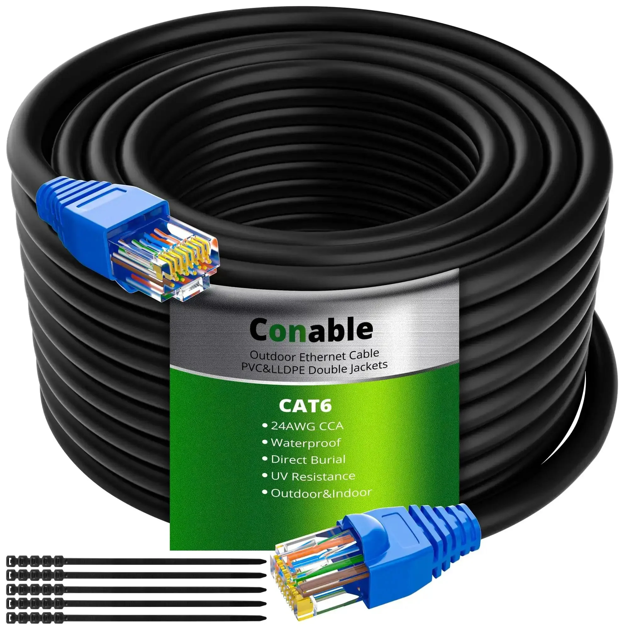 Heavy Duty Cat6 Outdoor Ethernet Cable With UV Resistant Jacket For Direct Burial Waterproof And Weather Tough Built To Last PoE Ready And Backward Compatible With Cat5e Cat5 Networks 25 Ft To 500 Ft Options Includes 25 Ties
