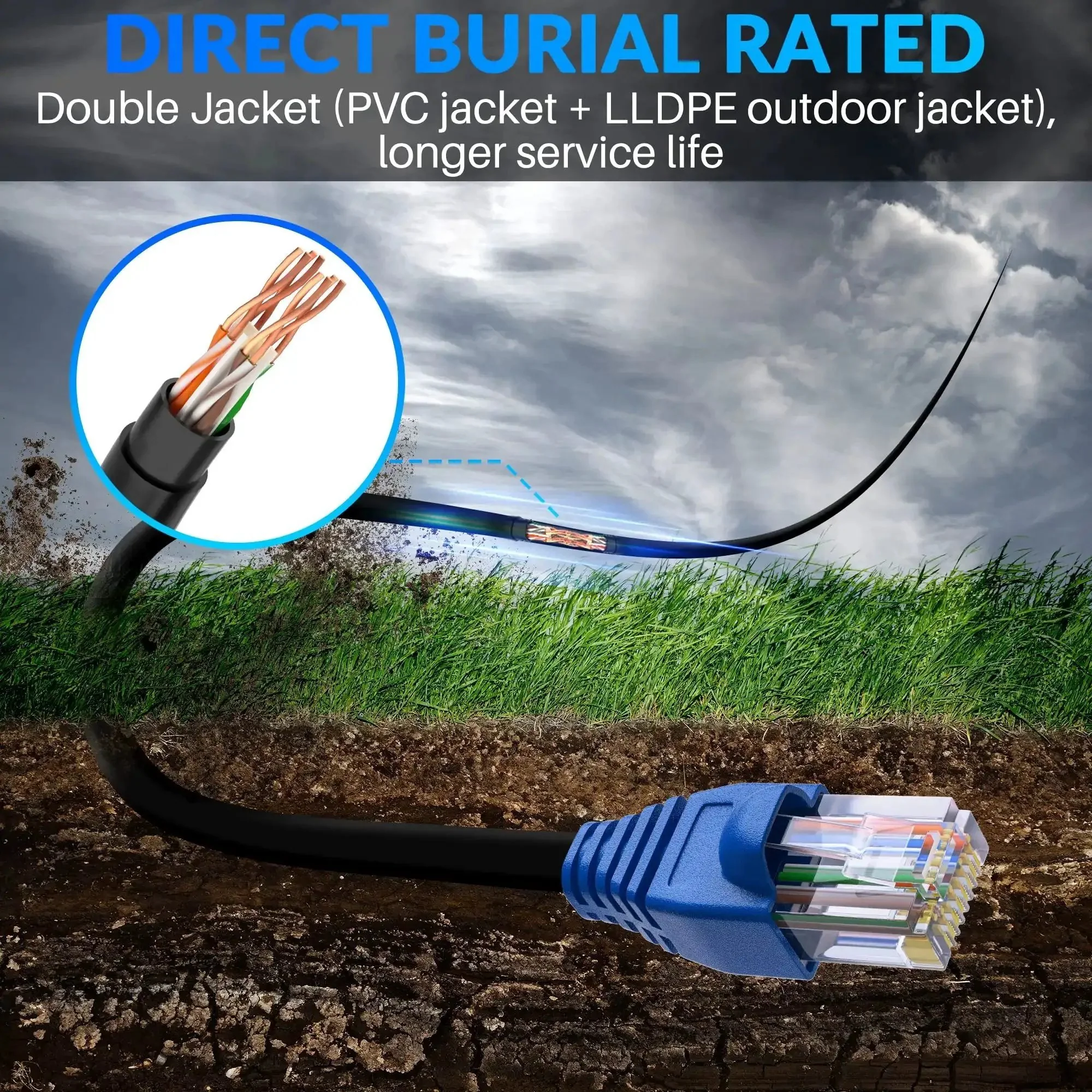 Heavy Duty Cat6 Outdoor Ethernet Cable With UV Resistant Jacket For Direct Burial Waterproof And Weather Tough Built To Last PoE Ready And Backward Compatible With Cat5e Cat5 Networks 25 Ft To 500 Ft Options Includes 25 Ties - Image 2