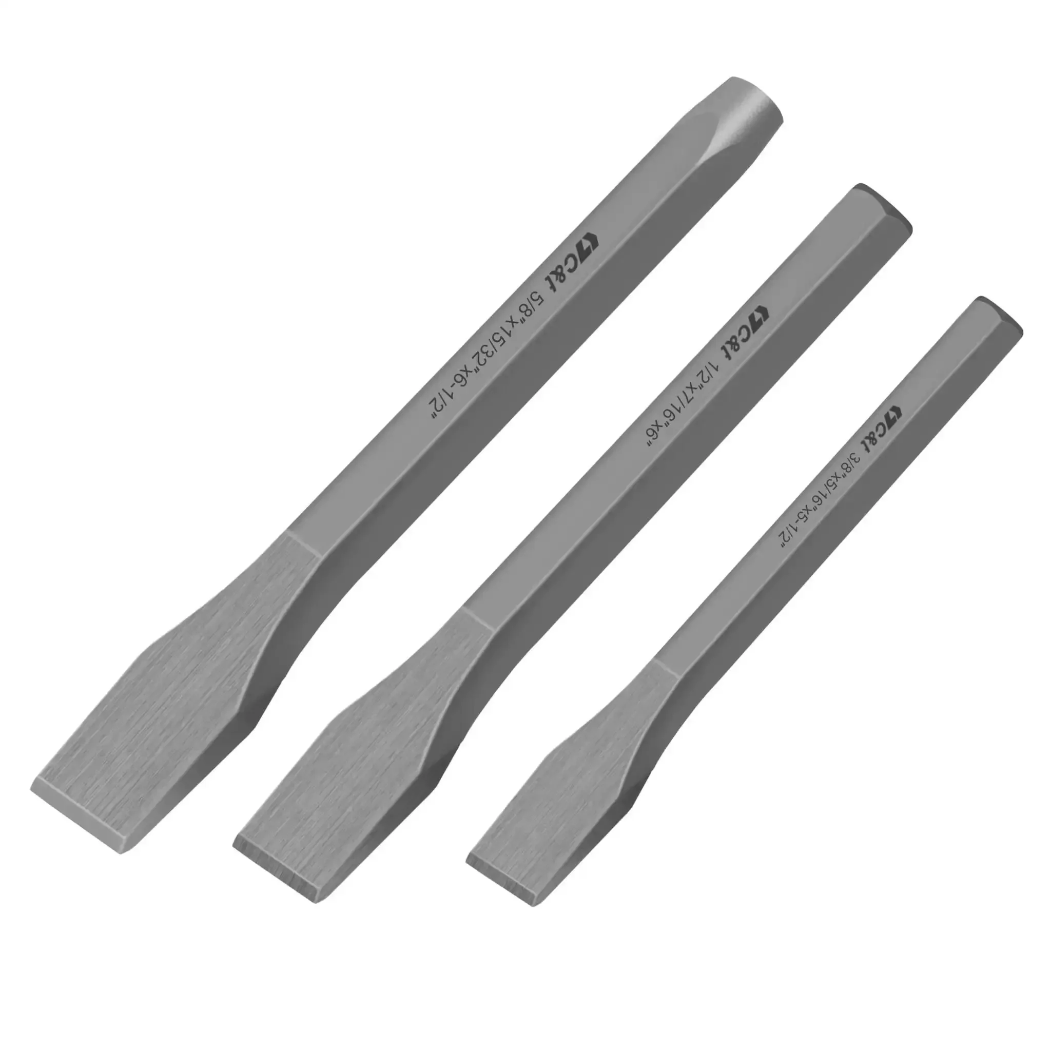 Heavy Duty Cold Chisel Set Three Piece 3/8 1/2 5/8 Inch For Carpentry, Metalworking, Woodworking, And Masonry Work Built For Tough Jobs Chrome Vanadium Steel 54 58 HRC Hardness For Long Lasting Performance