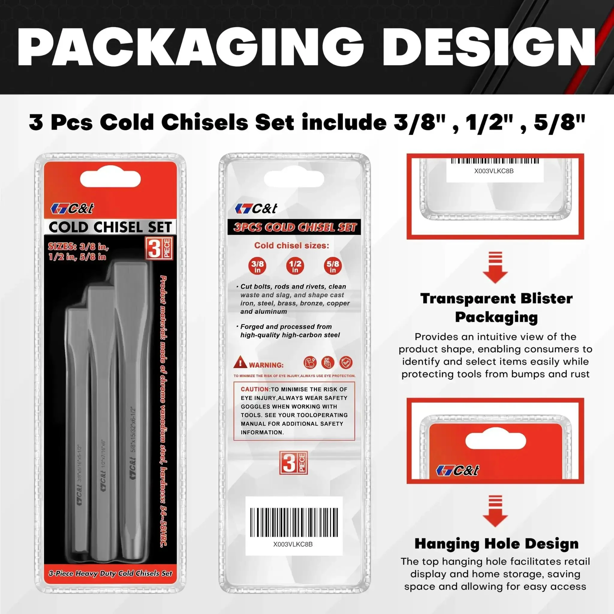 Heavy Duty Cold Chisel Set Three Piece 3/8 1/2 5/8 Inch For Carpentry, Metalworking, Woodworking, And Masonry Work Built For Tough Jobs Chrome Vanadium Steel 54 58 HRC Hardness For Long Lasting Performance - Image 3