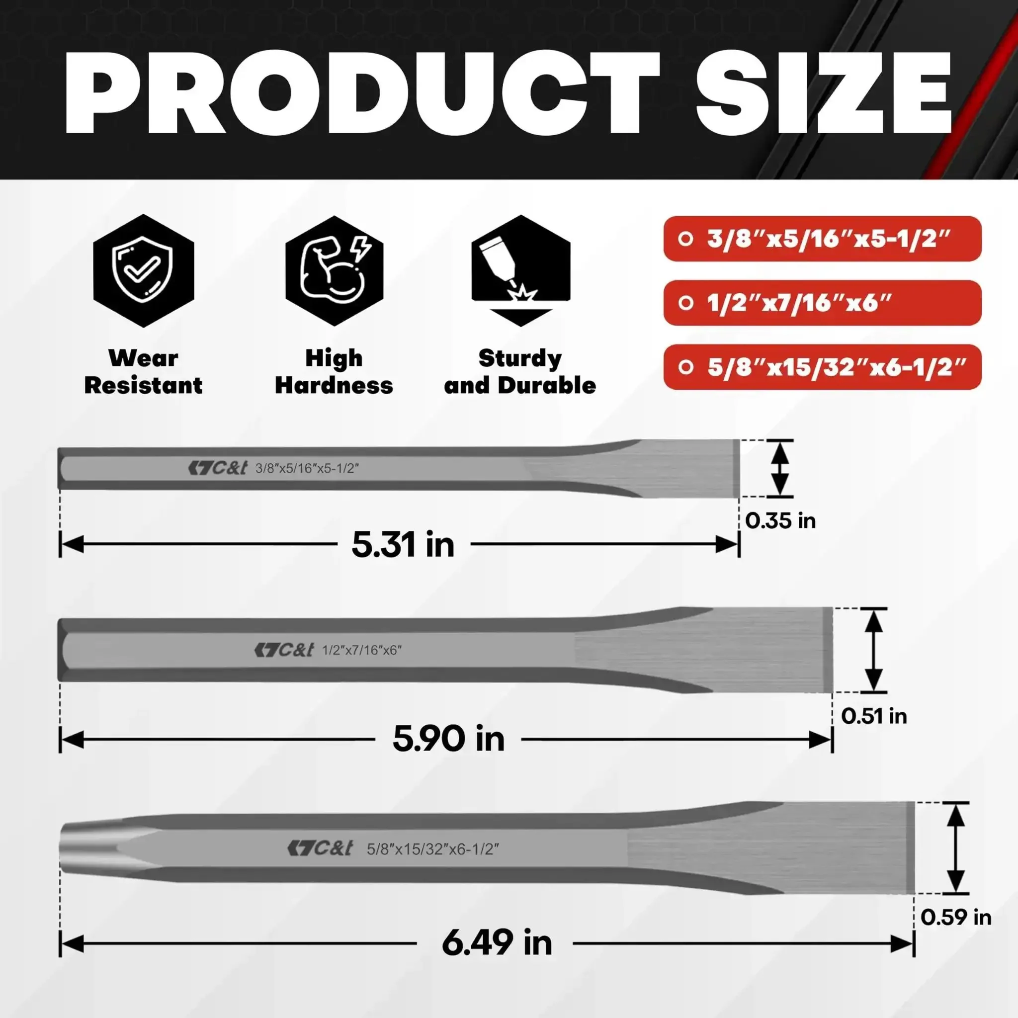 Heavy Duty Cold Chisel Set Three Piece 3/8 1/2 5/8 Inch For Carpentry, Metalworking, Woodworking, And Masonry Work Built For Tough Jobs Chrome Vanadium Steel 54 58 HRC Hardness For Long Lasting Performance - Image 4