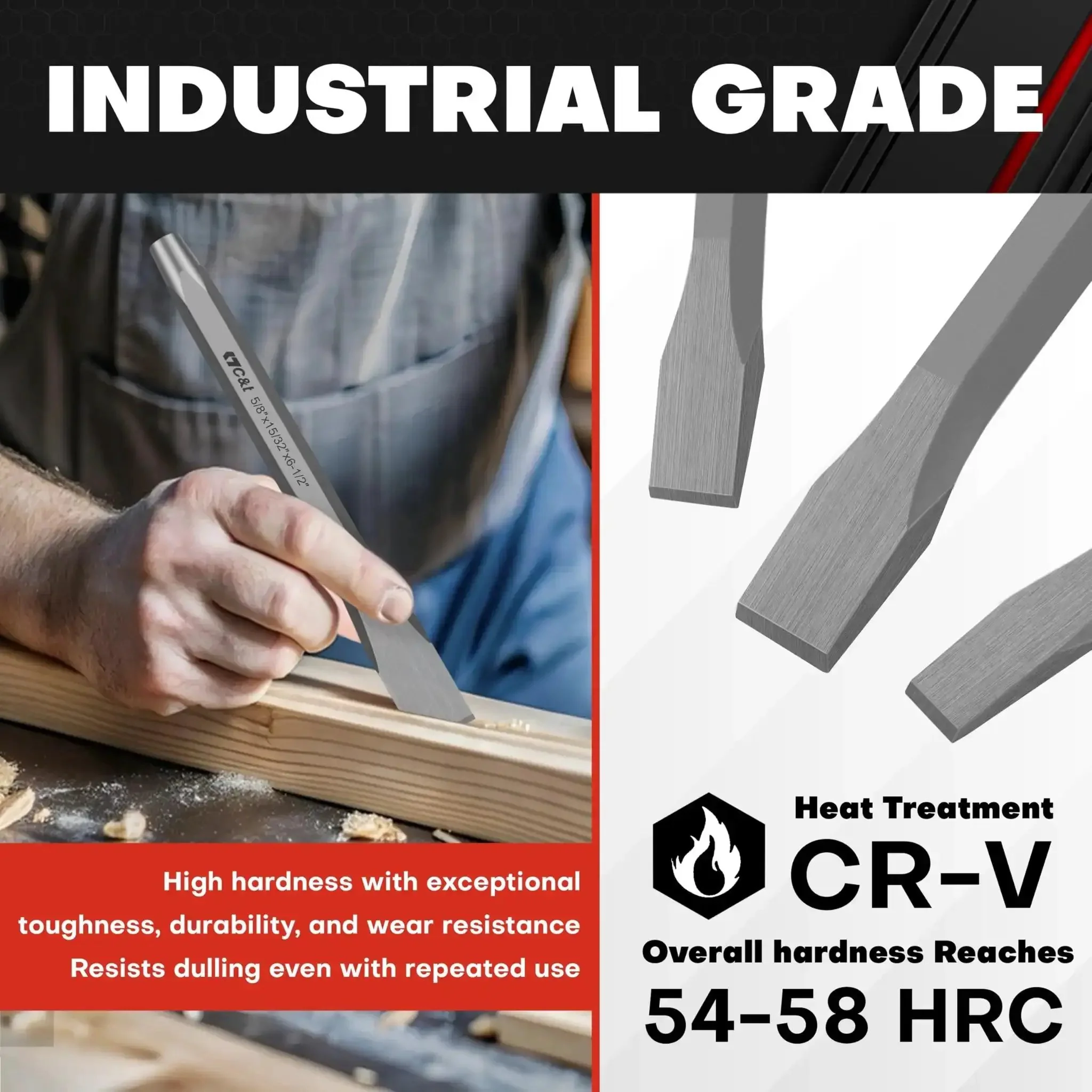 Heavy Duty Cold Chisel Set Three Piece 3/8 1/2 5/8 Inch For Carpentry, Metalworking, Woodworking, And Masonry Work Built For Tough Jobs Chrome Vanadium Steel 54 58 HRC Hardness For Long Lasting Performance - Image 5