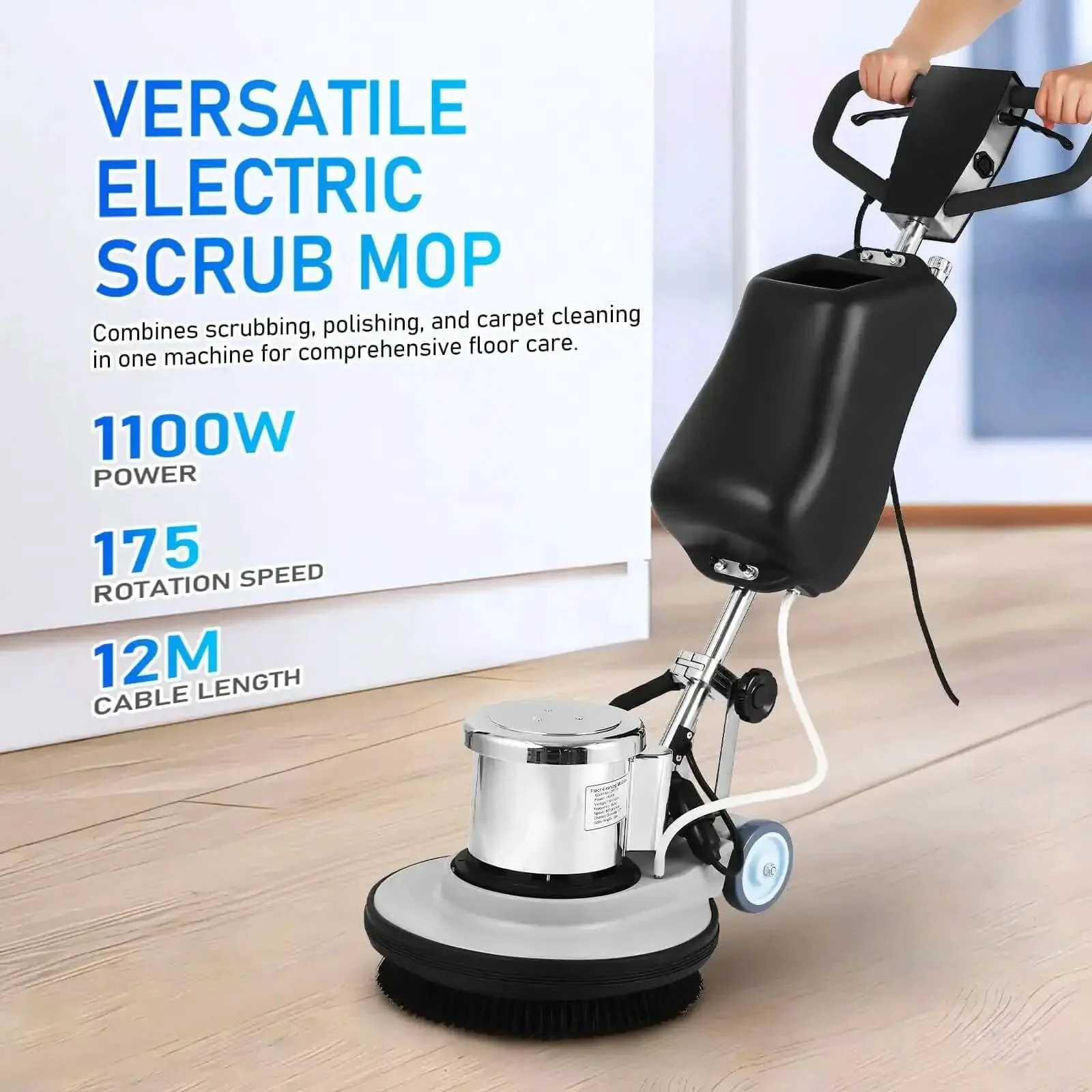 Heavy Duty Commercial Floor Scrubber Machine With Three Brushes Large 3.4 Gallon Tank 1.5 HP Motor 175 RPM Industrial Floor Buffer For Hardwood Tile Concrete Tough 472 Inch Cord Boss Level Cleaning For High Traffic Floors - Image 9