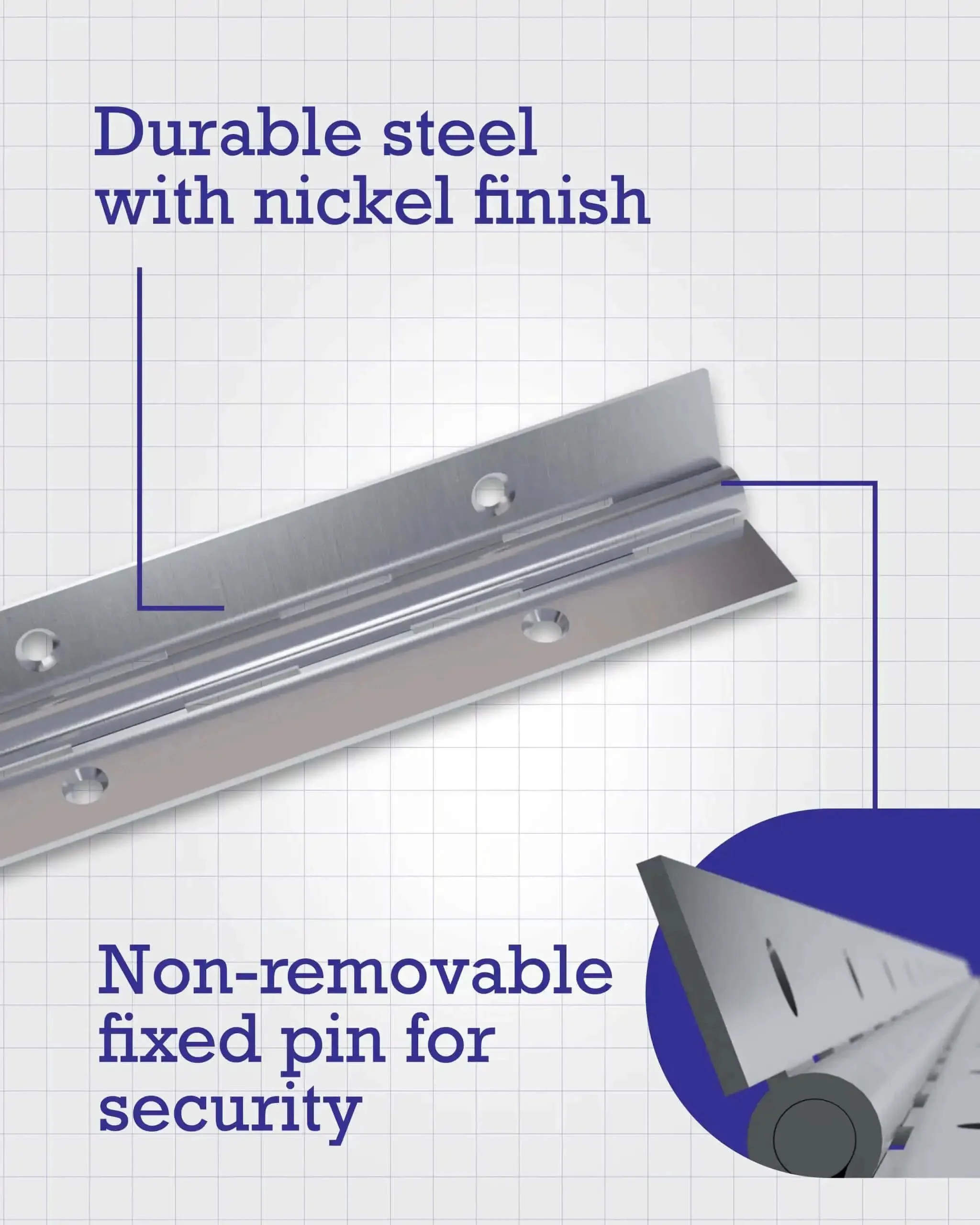 Heavy-Duty Continuous Pin Piano Hinge, 36 Inch By 1-1/2 Inch, Nickel Plated For Wood Or Metal Cabinets Doors Tool Sheds Boxes And Heavy Use Applications Ideal For Residential, Commercial And DIY Projects With A Corrosion-Resistant Nickel Finish - Image 5