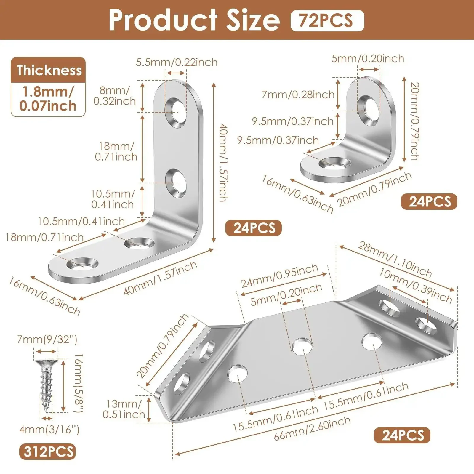 Heavy Duty Corner Bracket Set With 72 Piece Total Featuring 48 L Brackets And 24 Triangular Supports, Stainless Steel Rust Resistant Kit With Screws Included And Predrilled Holes For Drawers Cabinets Tables And Chairs - Image 7