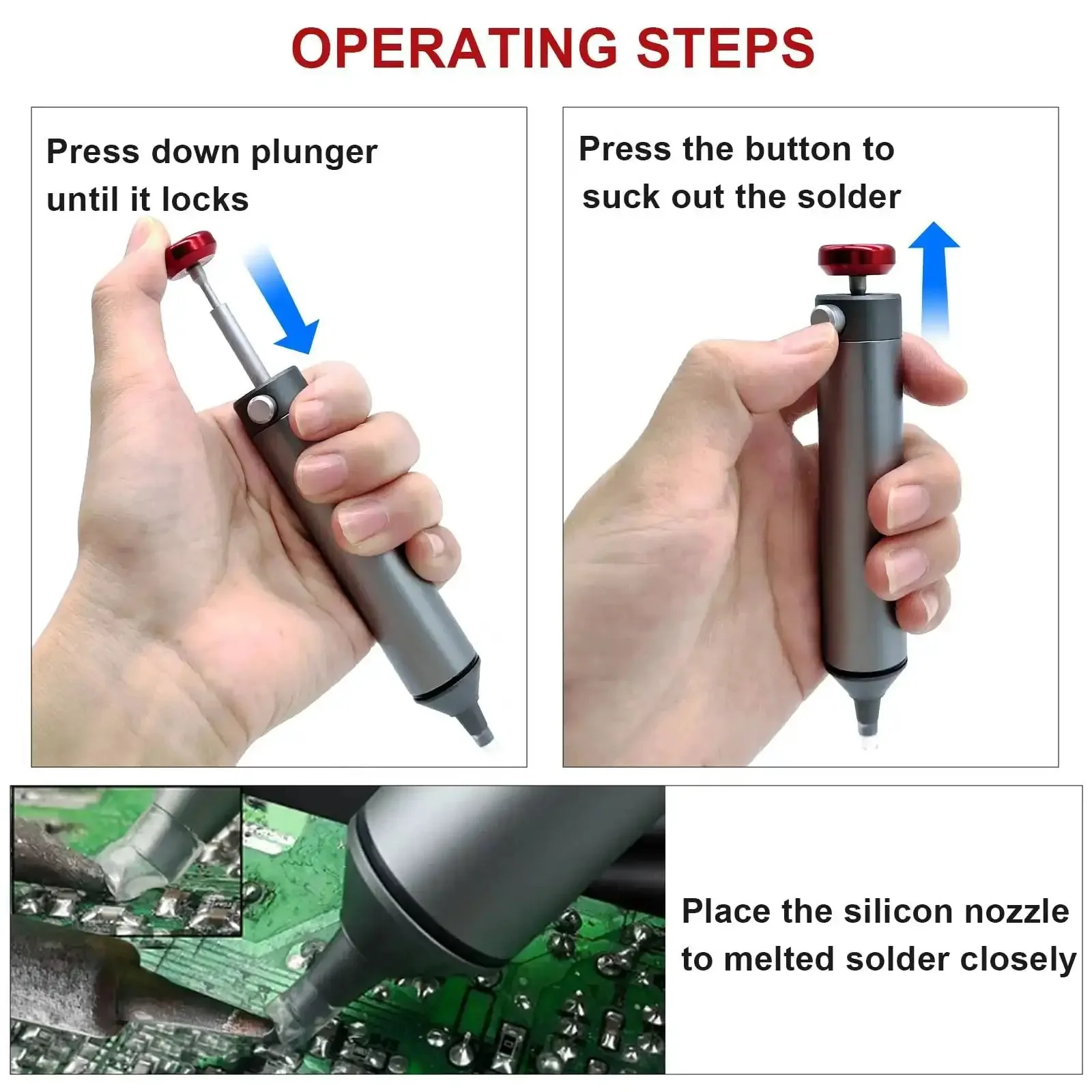 Heavy Duty Desoldering Pump With Strong Suction For PCB Repairs, DIY Friendly Manual Vacuum Solder Sucker, 50mm Silicone Nozzle, 6061 Aluminum CNC Machined Body, Durable Desolder Tool For IC Boards And Circuit Board Fixes - Image 5