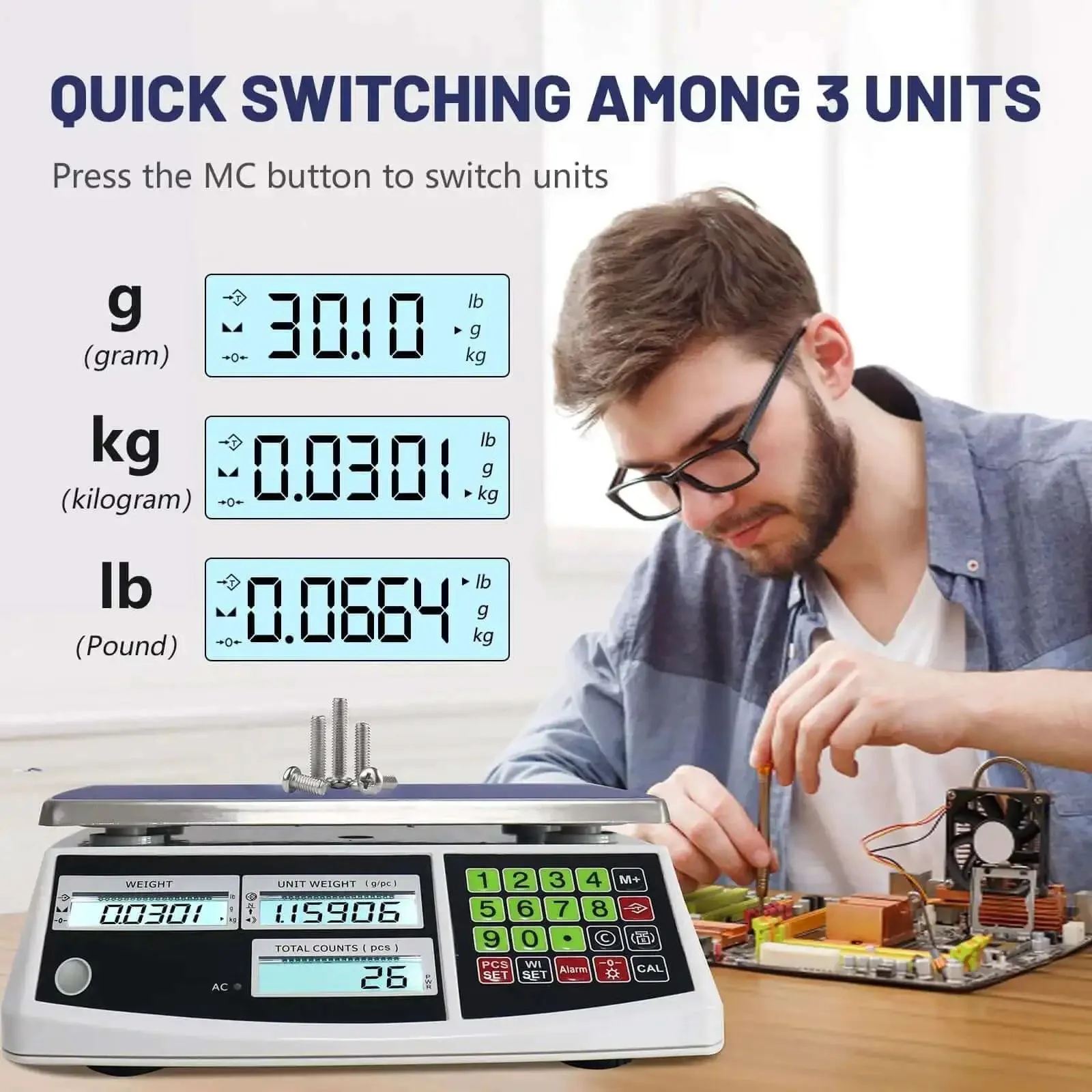 Heavy Duty Digital Counting Scale 30Kg 66Lb With Zero Point One Gram Precision For Coins And Parts Switchable Grams Kilograms Pounds Units Alarm Mode Inventory Tracking Two Tray Colors Shipped Randomly - Image 5