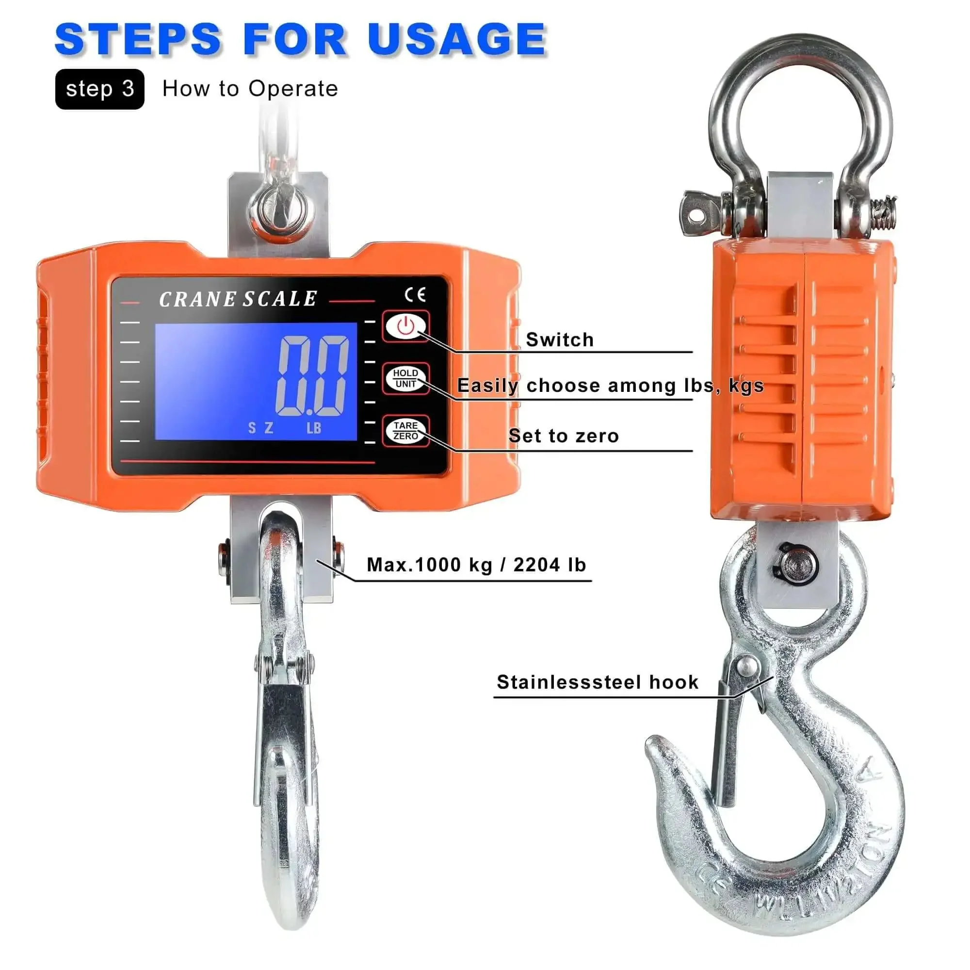 Heavy Duty Digital Crane Scale 1000kg 2000lb For Indoor Outdoor Use, High Accuracy Hanging Scale With Backlit LCD, Stainless Steel Load Receptor, Rugged Aluminum Case, Dismountable Hook For Farm Factory - Image 7