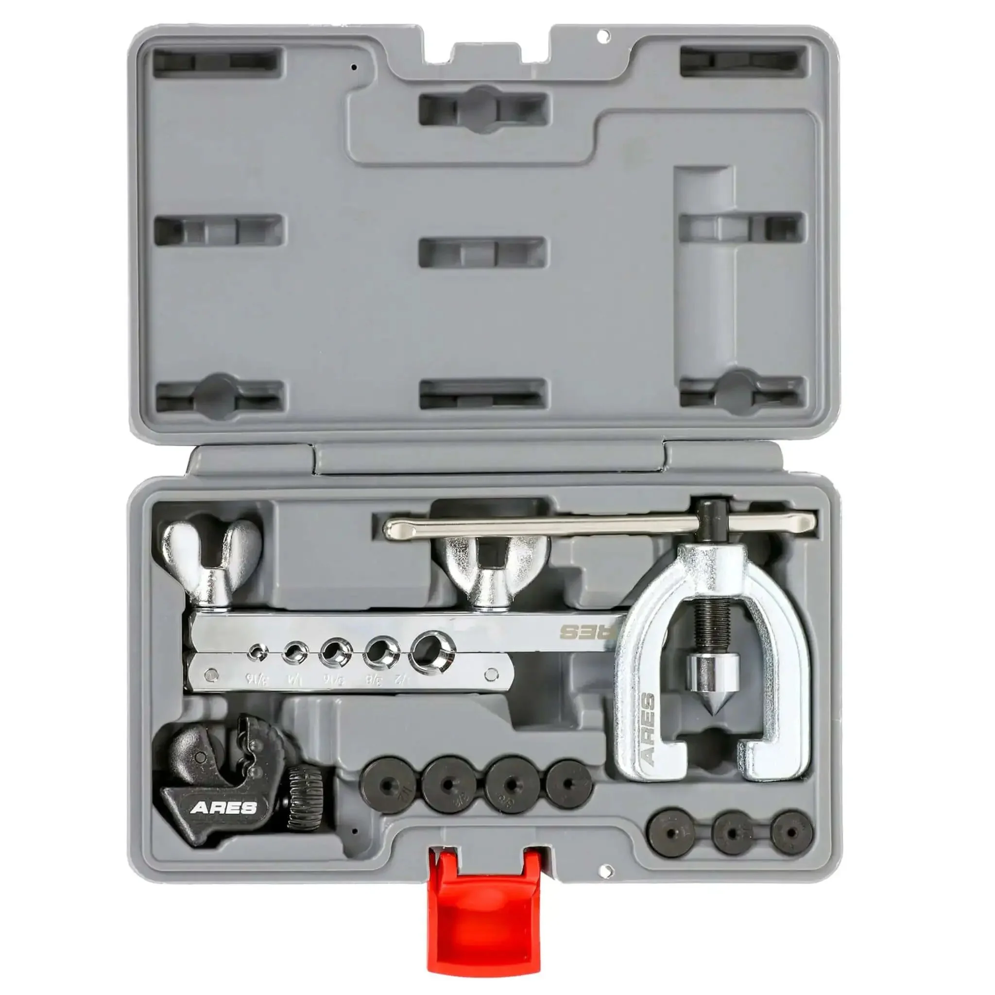 Heavy Duty Double Flaring Tool Set With Extra Adapters For Copper Aluminum Soft Steel Brake Lines And Brass Tubing Comes With Mini Tubing Cutter And Case Quarter Inch Five Sixteenths Inch Half Inch Three Sixteenths Inch And Three Eighths Inch Adapters
