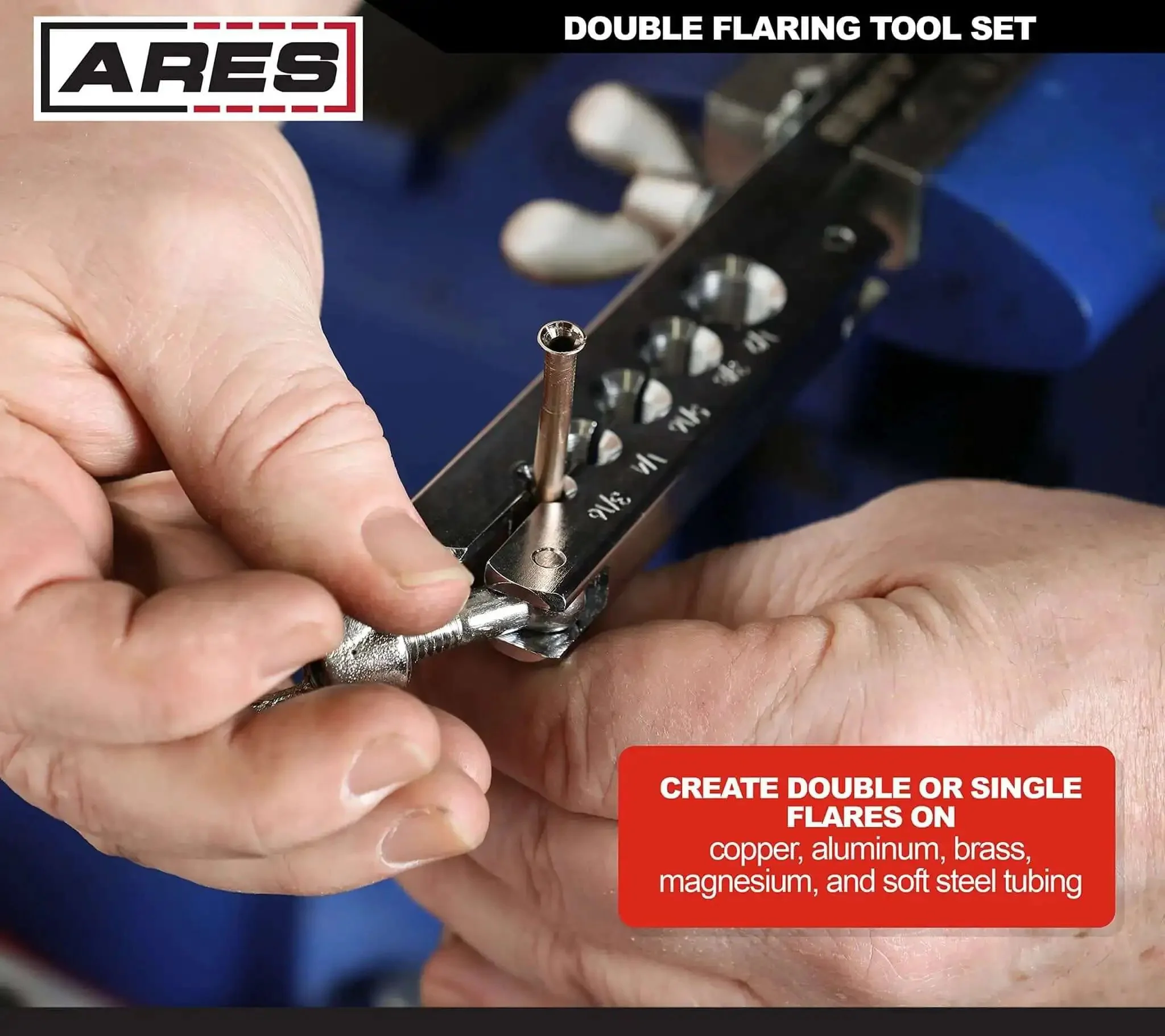 Heavy Duty Double Flaring Tool Set With Extra Adapters For Copper Aluminum Soft Steel Brake Lines And Brass Tubing Comes With Mini Tubing Cutter And Case Quarter Inch Five Sixteenths Inch Half Inch Three Sixteenths Inch And Three Eighths Inch Adapters - Image 8