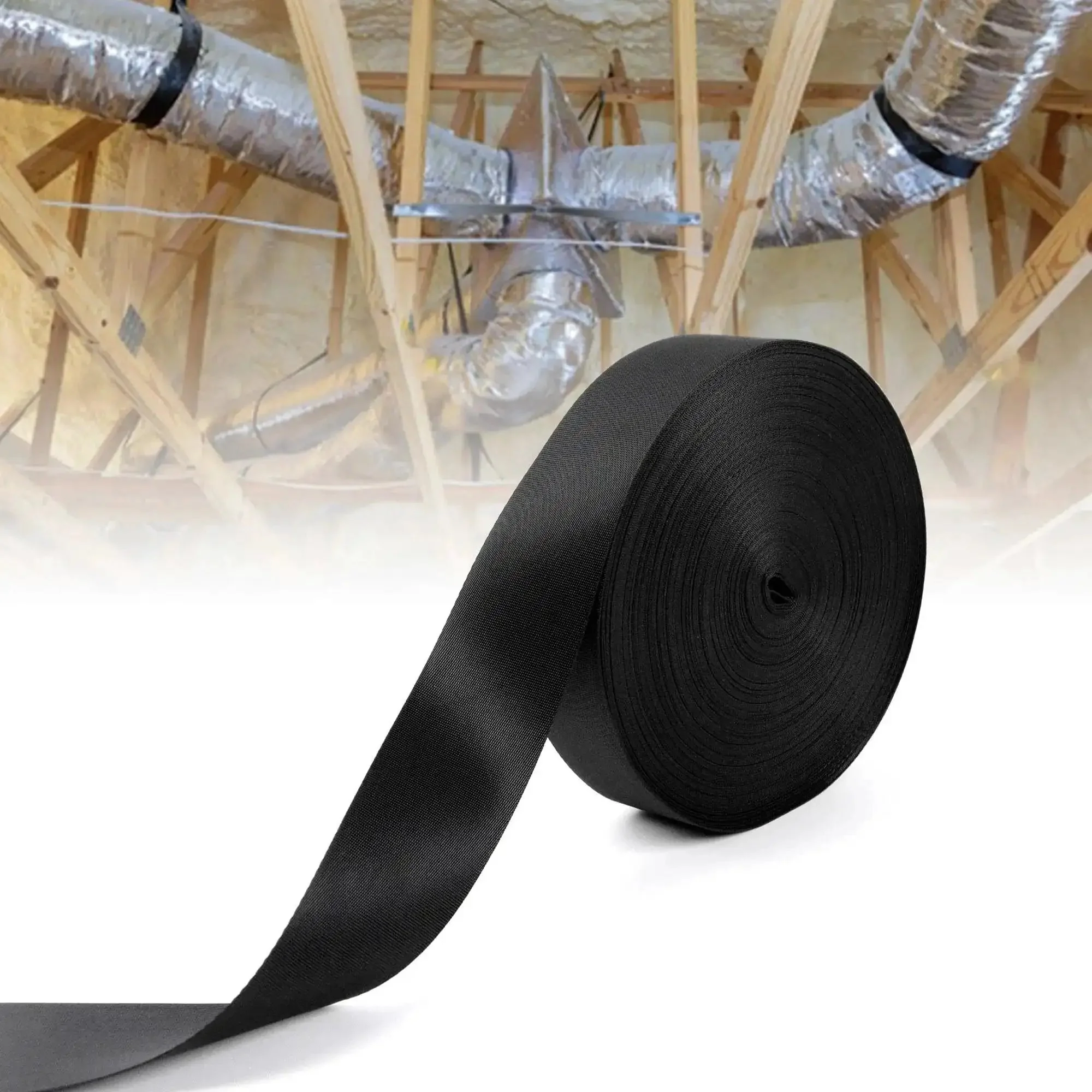Heavy Duty Duct Strap 1.95 Inch By 49 Foot Black Nylon Strapping For HVAC Ducts, Built Like A Tank Wrap Band For Building And Home Improvement, Industrial Grade Ultra Strong 500 Lb Capacity
