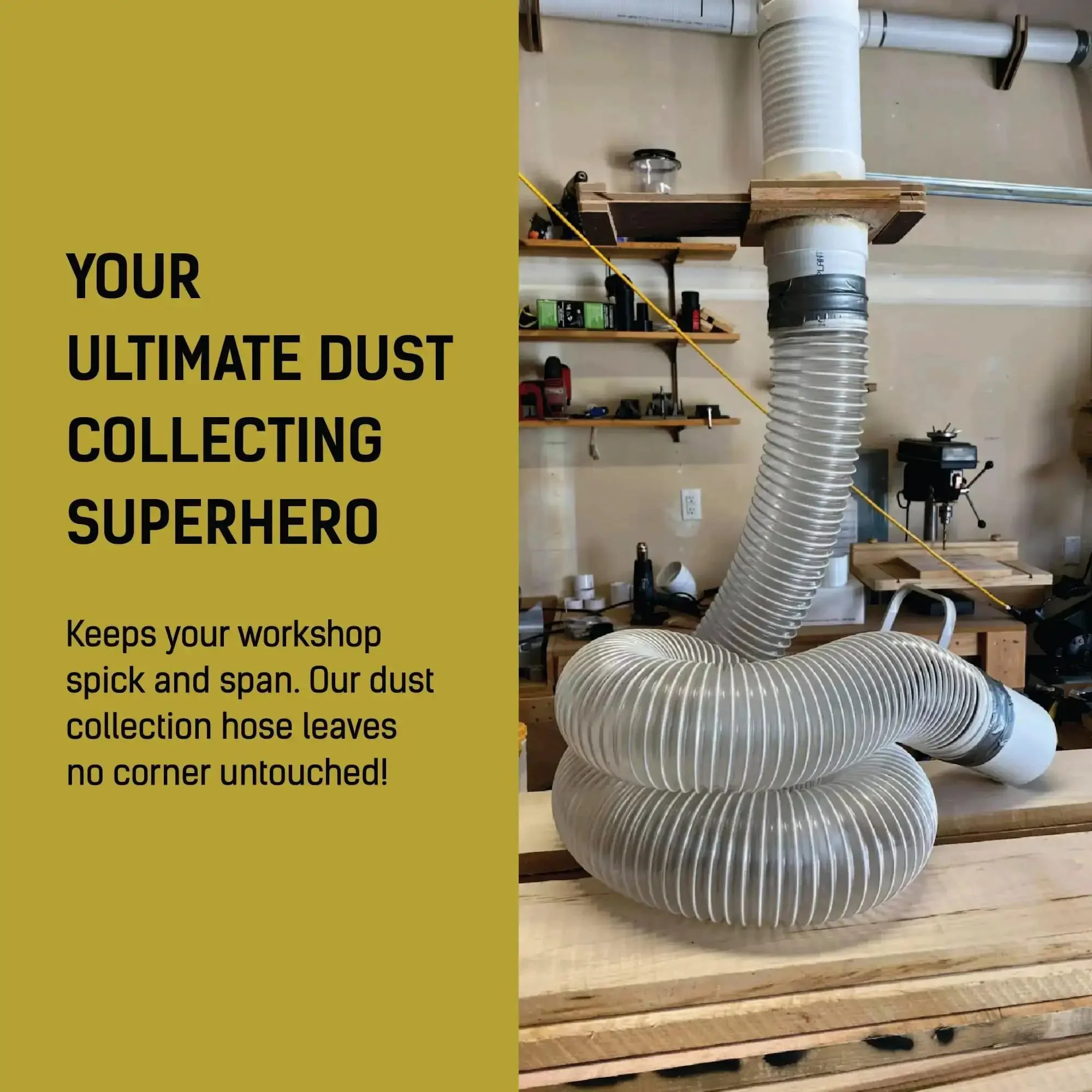 Heavy Duty Dust Collection Hose 2.5 Inch X 10 Feet, Ultra Flexible Clear PVC Debris Vacuum Hose With Puncture Resistance, Coated Wire Helix Reinforced, Built Tough For Sawdust Cleanup, Includes Stainless Steel Clamps - Image 2