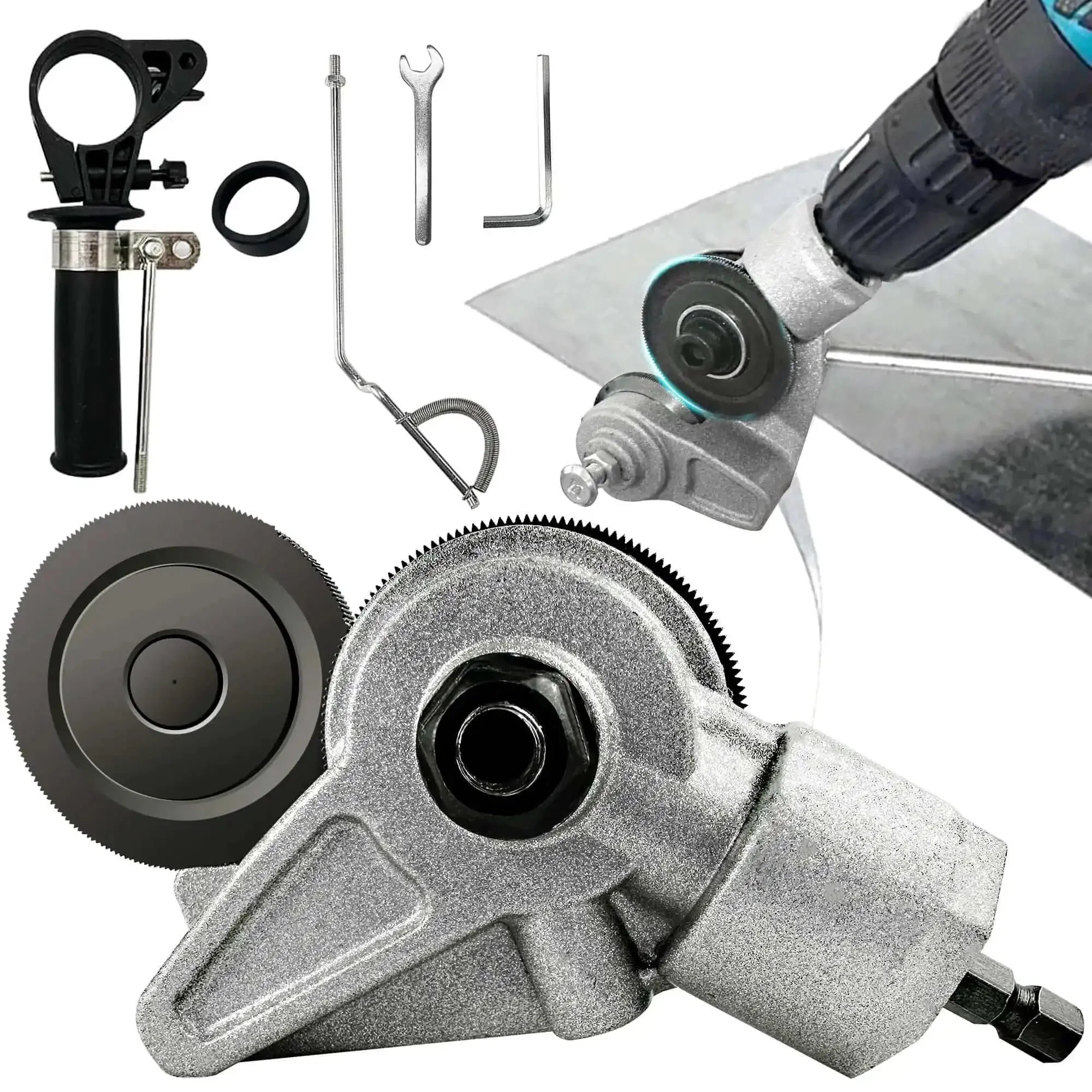 Heavy Duty Electric Drill Plate Cutter With Dual Serrated Wheels, Metal Nibbler Drill Attachment For Sheet Metal Cutting, Metal Shears With Adapter For Iron, Steel, Copper And Aluminum White Sheet