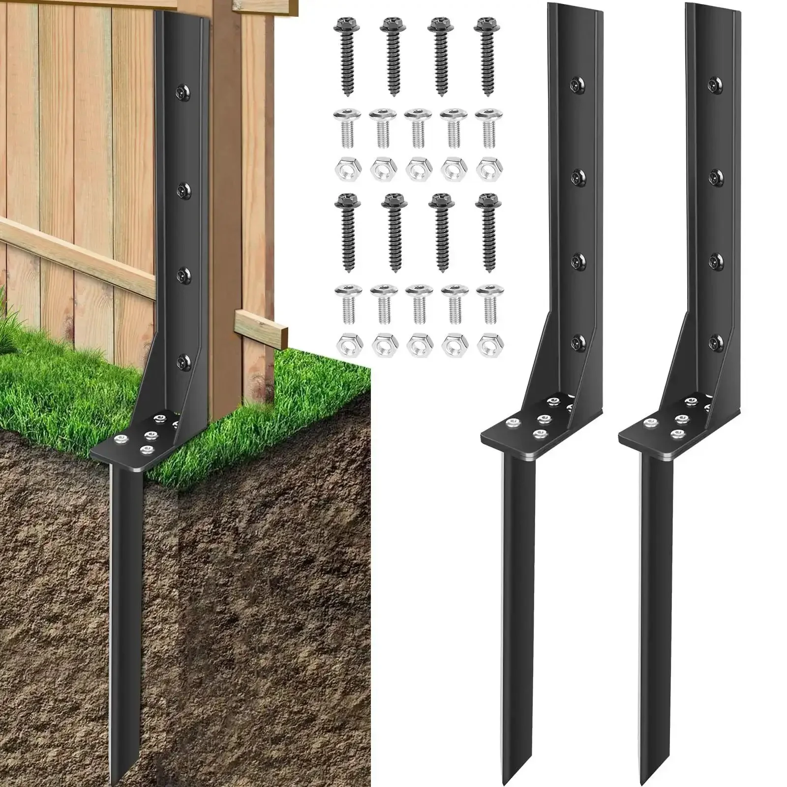Heavy Duty Fence Post Repair Kit For Wood Posts With Ground Stakes And Post Anchors Backyard Fence Stakes To Fix Tilted Or Broken Posts Two Pack Weatherproof Rust Resistant One Eighth Inch Thick Channel Steel