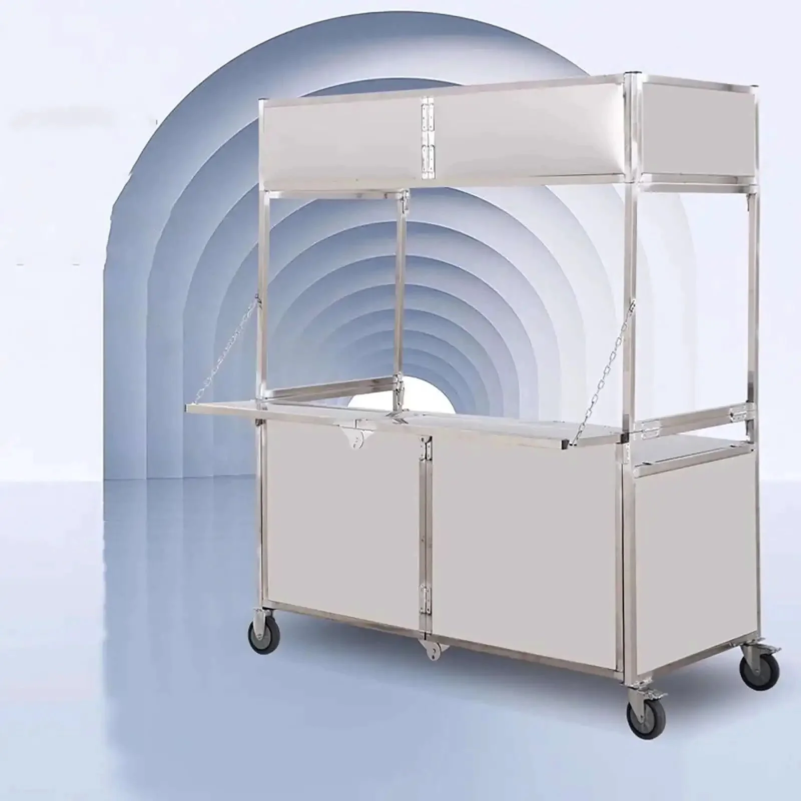 Heavy Duty Food Cart On Wheels For Street Food Markets And Events, Thickened Sheet Metal Construction With Large Storage Space And Foldable Design, Industrial Iron Market Stall With Reinforced Chain Support, Ideal For Vendors