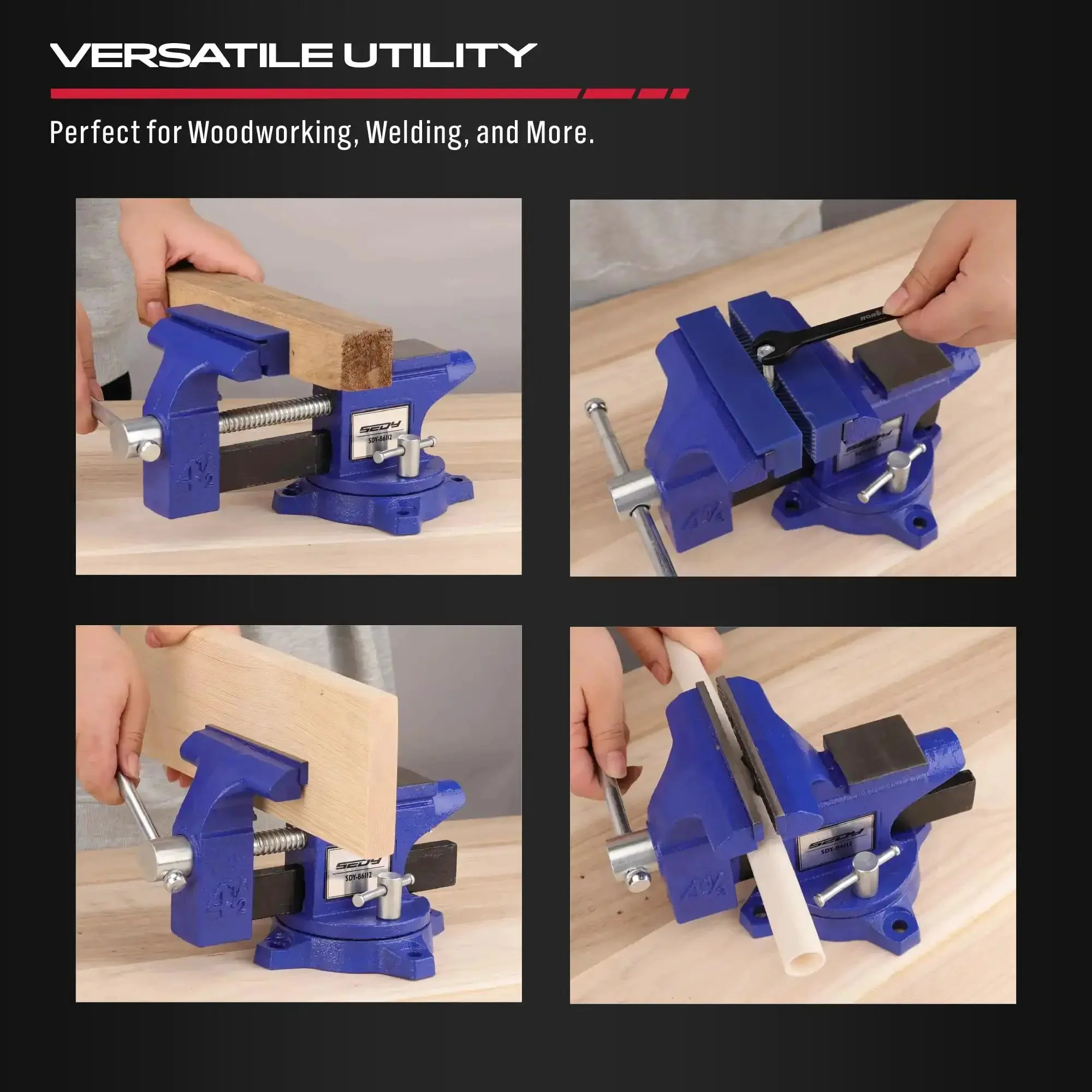 Heavy Duty Four And A Half Inch Tough As Nails Bench Vise With Multi Jaw Design For Woodworking And Metalworking Clamps Flat Or Round Materials On A Workbench Or Table Clamp For Welding Drilling Milling And More - Image 5