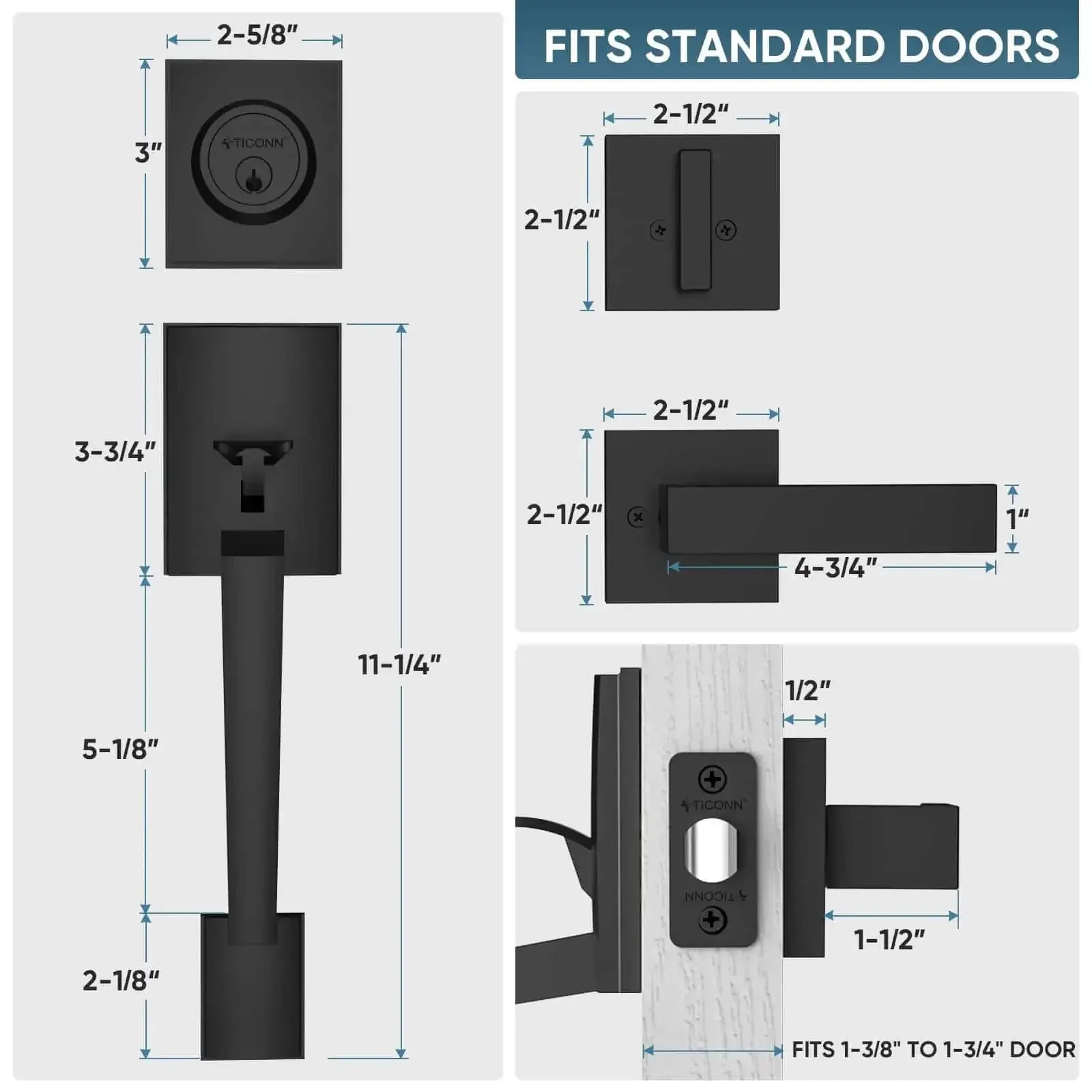 Heavy Duty Front Door Handle Set With Square Lever And Single Cylinder Deadbolt Reversible For Exterior Entrances Matte Black Finish Built To Last Zinc Alloy Hardware Premium Quality Materials - Image 5