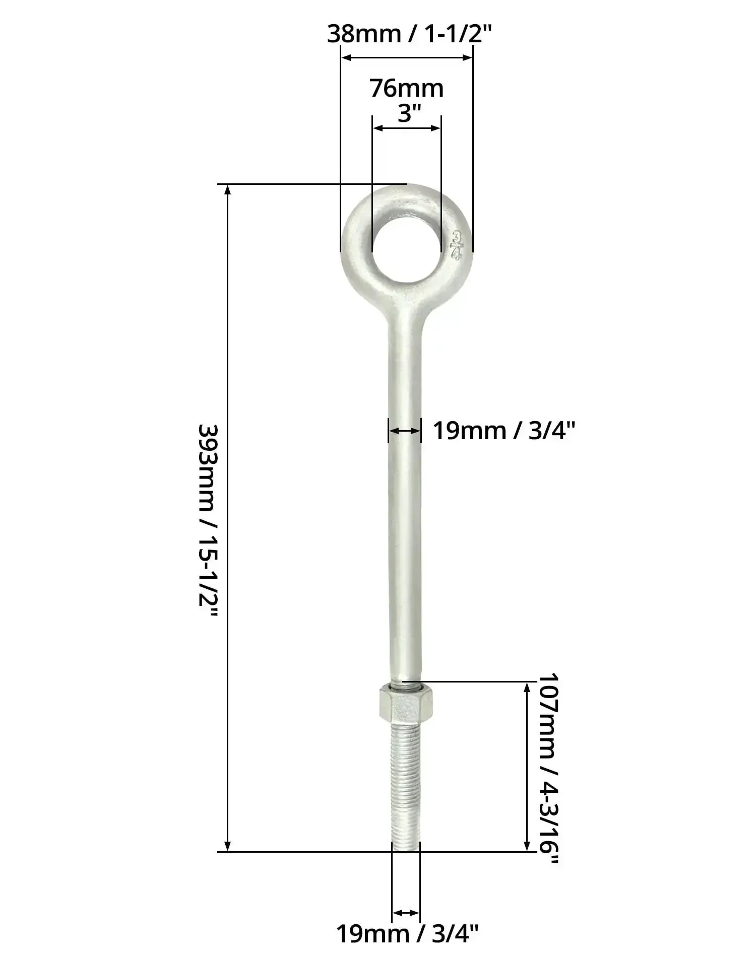 Heavy Duty Galvanized Eye Bolts With Nuts 3/4 Inch By 12 Inch Forged Steel 2 Pack For Rigging And Lifting Straight Line Pulls Only Working Load 7200 Lbs Break Strength 36000 Lbs - Image 3