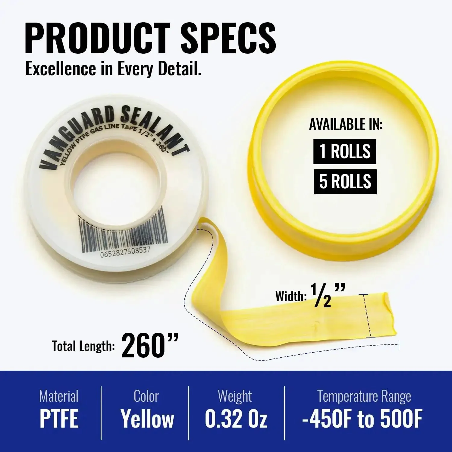 Heavy Duty Gas Pipe Thread Seal Tape PTFE Yellow Teflon Tape for Gas Fittings 260 Inch Length Half Inch Size High Resistance Leak Prevention for Propane and Natural Gas Lines Easy to Use and Durable - Image 8