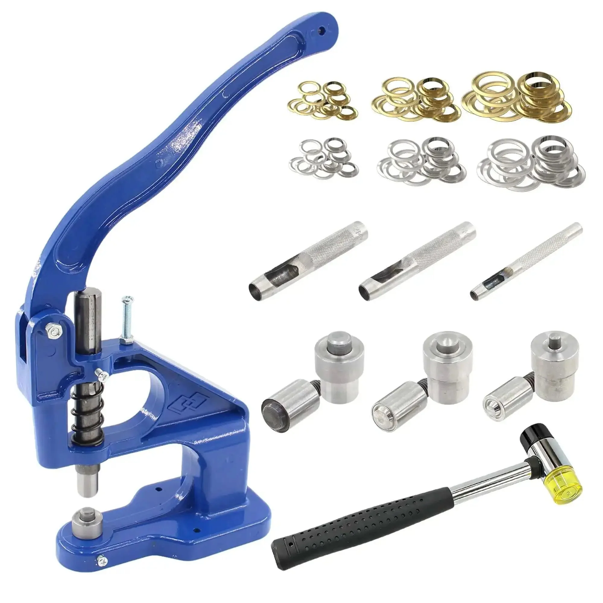 Heavy Duty Grommet Tool Kit Hand Press Grommet Machine With 3000 Silver And Gold Grommets In Six Ten And Twelve Millimeter Includes Dies One Quarter Three Eighths And One Half Inch Plus Double Head Rubber Hammer For Fabric Tarps Leather Bags Shoes