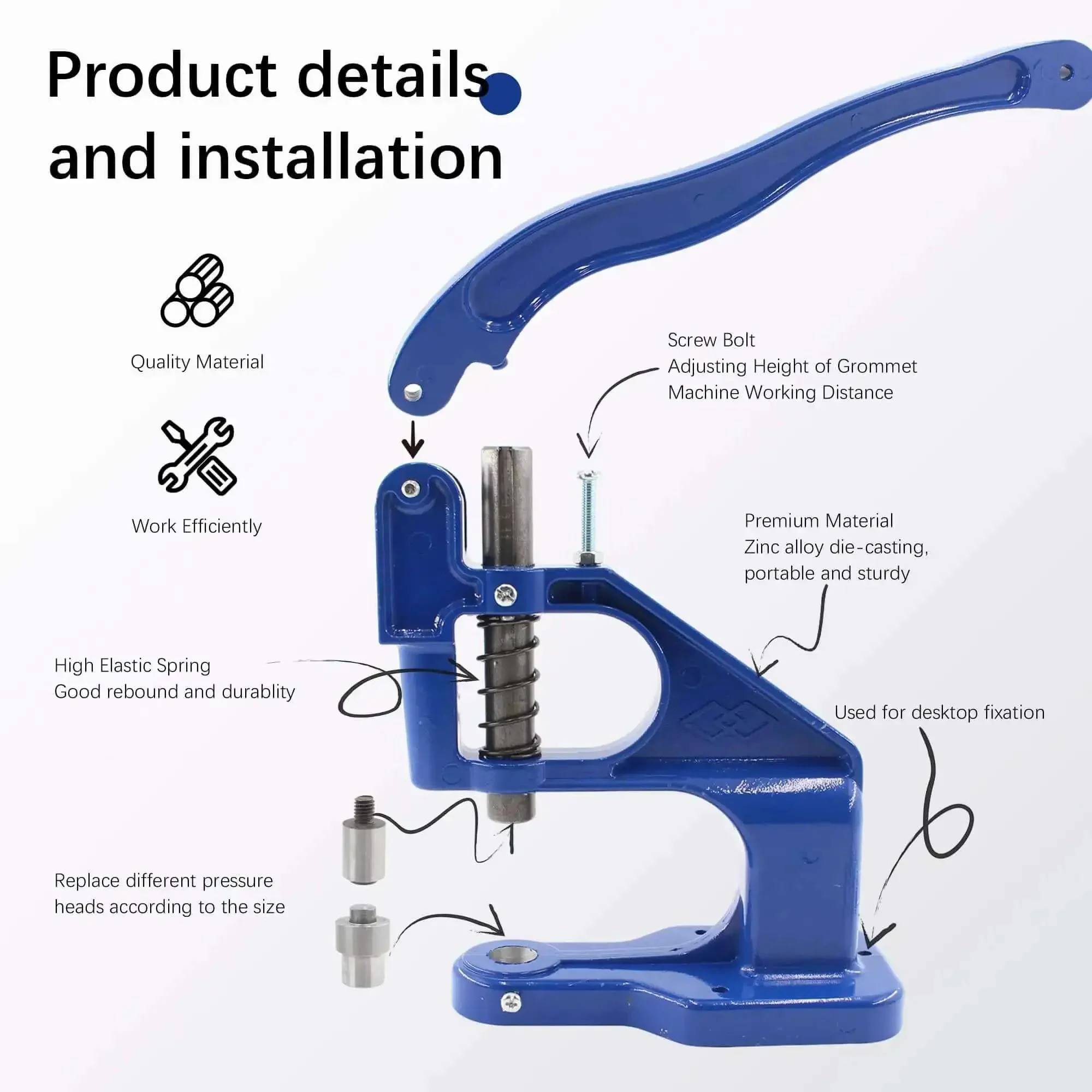 Heavy Duty Grommet Tool Kit Hand Press Grommet Machine With 3000 Silver And Gold Grommets In Six Ten And Twelve Millimeter Includes Dies One Quarter Three Eighths And One Half Inch Plus Double Head Rubber Hammer For Fabric Tarps Leather Bags Shoes - Image 5
