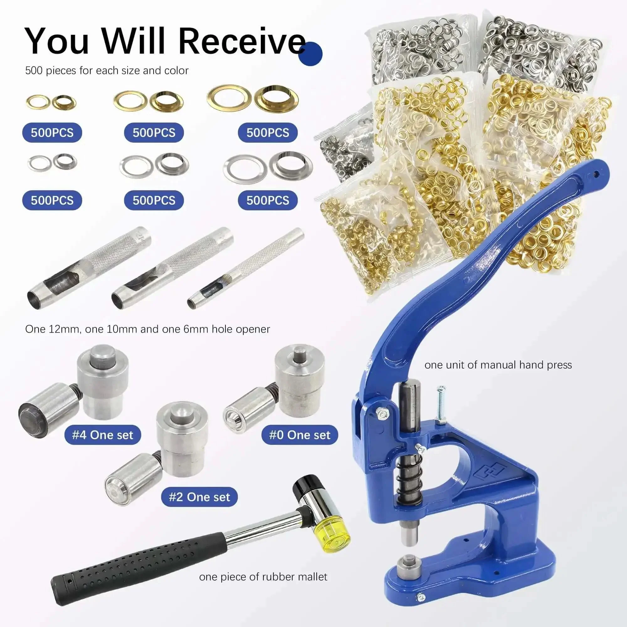 Heavy Duty Grommet Tool Kit Hand Press Grommet Machine With 3000 Silver And Gold Grommets In Six Ten And Twelve Millimeter Includes Dies One Quarter Three Eighths And One Half Inch Plus Double Head Rubber Hammer For Fabric Tarps Leather Bags Shoes - Image 6