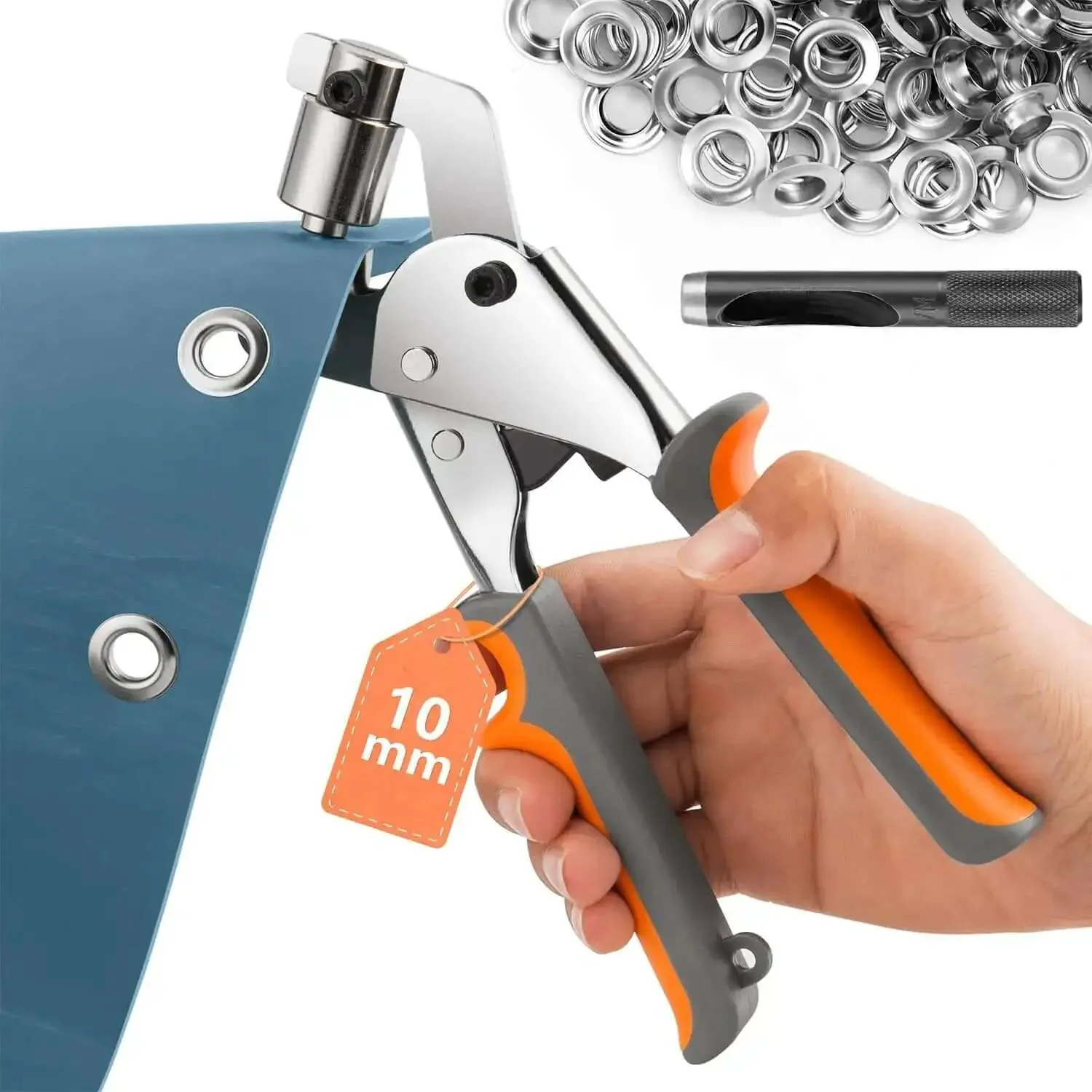 Heavy Duty Grommet Tool Kit With Eyelet Plier Handheld Puncher Set Includes Five Hundred Silver Three Eighths Inch And Ten Millimeter Grommets Pro Grade Manual Eyelet Press For Banners Tarps Bags And DIY Projects Portable One Hand Operation On The Go