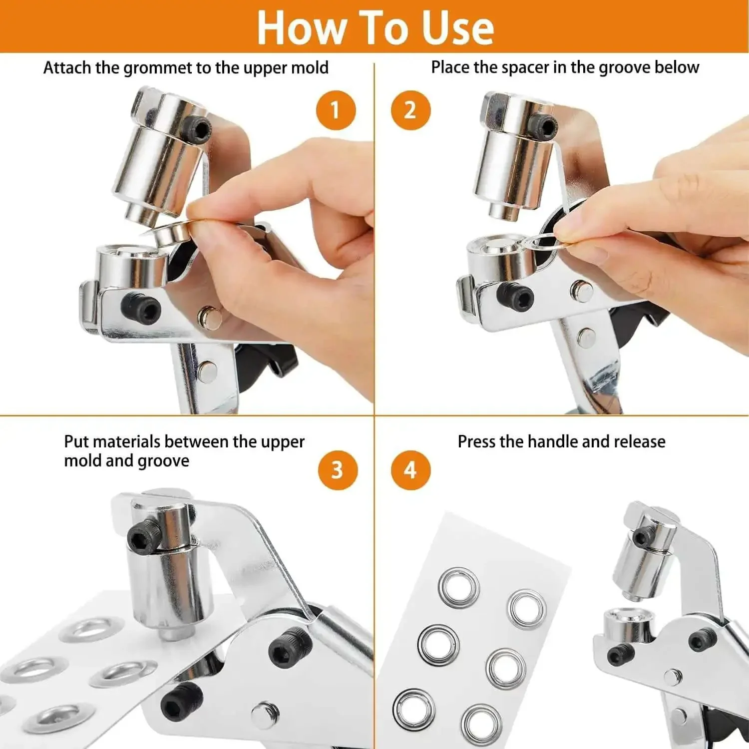 Heavy Duty Grommet Tool Kit With Eyelet Plier Handheld Puncher Set Includes Five Hundred Silver Three Eighths Inch And Ten Millimeter Grommets Pro Grade Manual Eyelet Press For Banners Tarps Bags And DIY Projects Portable One Hand Operation On The Go - Image 4