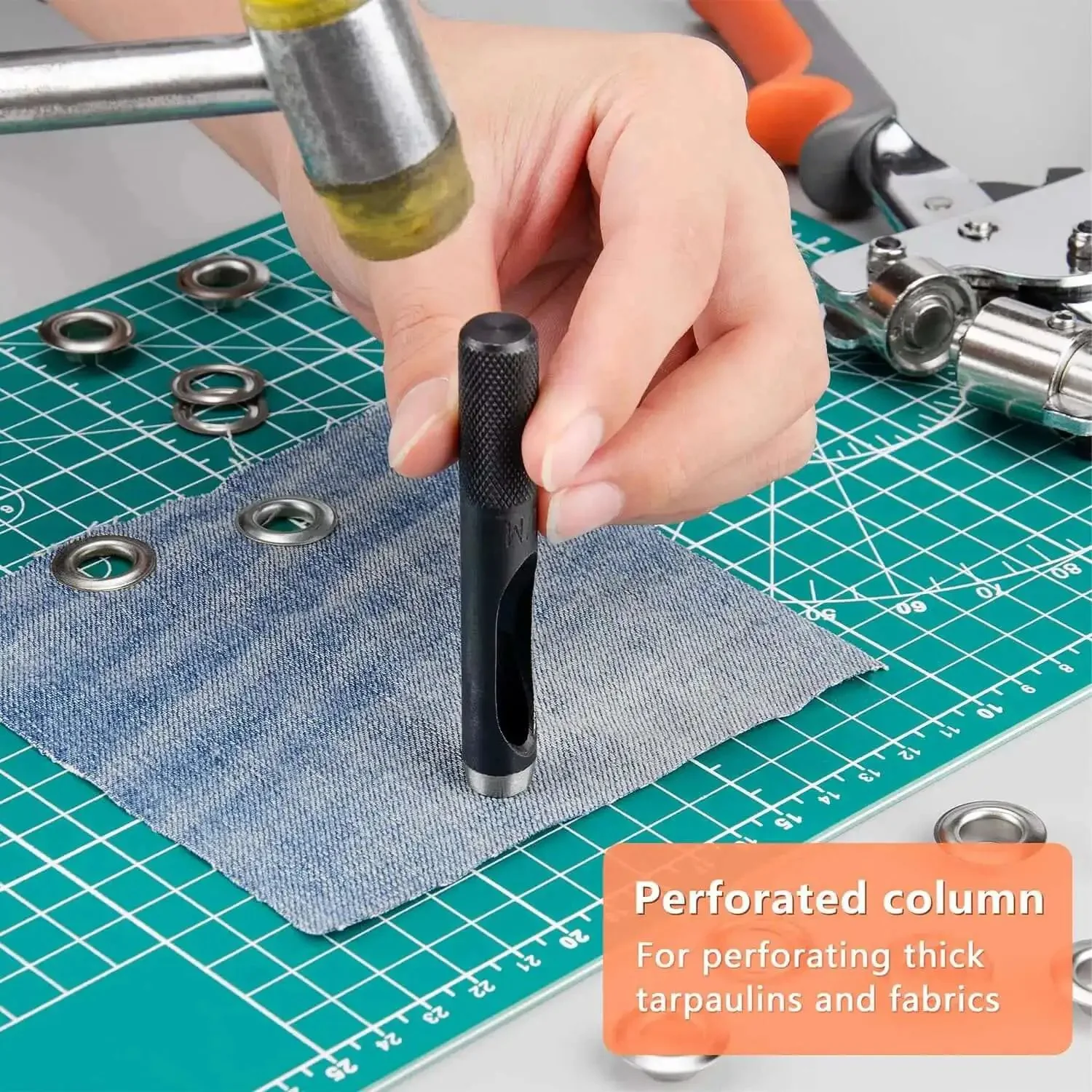 Heavy Duty Grommet Tool Kit With Eyelet Plier Handheld Puncher Set Includes Five Hundred Silver Three Eighths Inch And Ten Millimeter Grommets Pro Grade Manual Eyelet Press For Banners Tarps Bags And DIY Projects Portable One Hand Operation On The Go - Image 5