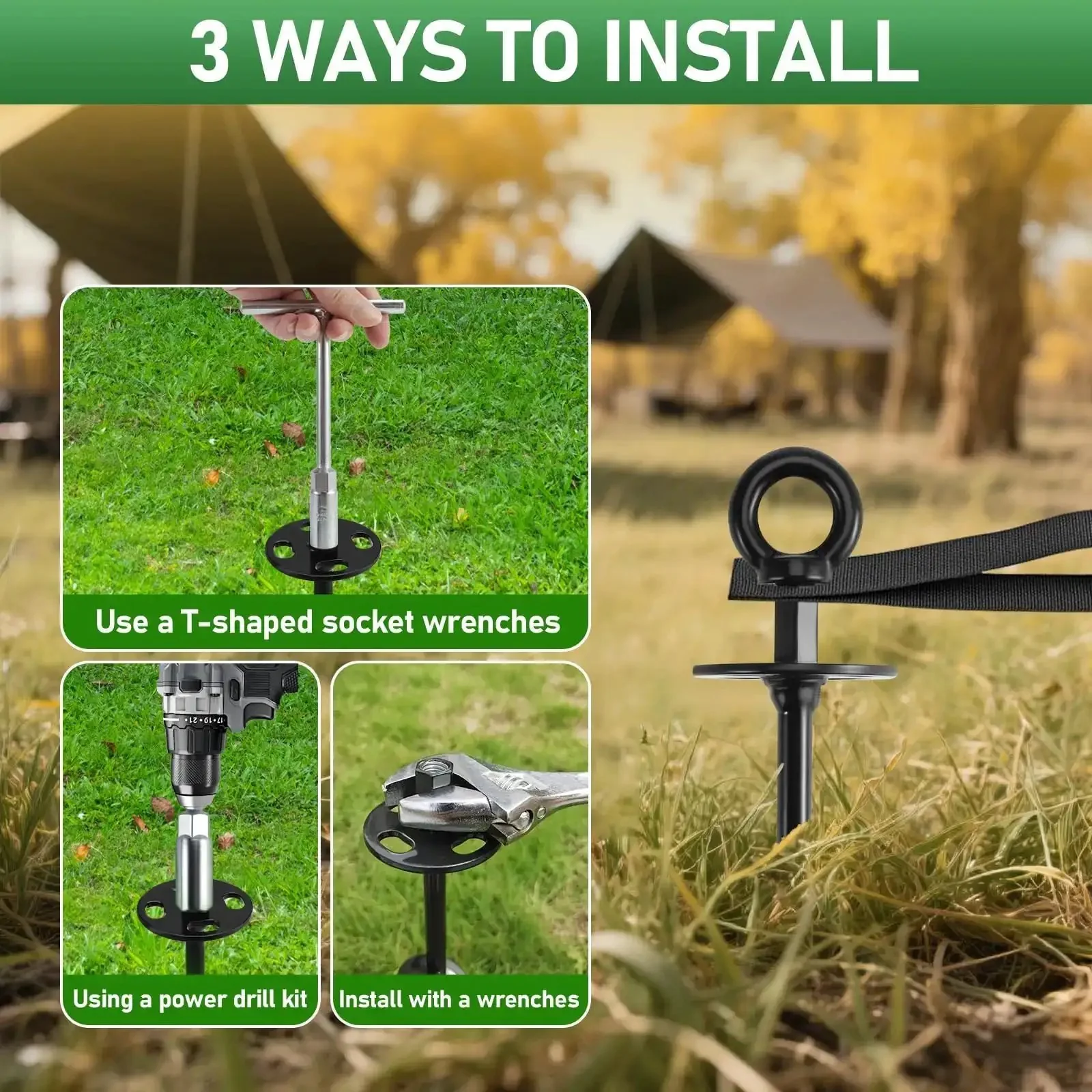 Heavy Duty Ground Anchors Screw In For Trampolines And Outdoor Gear Built Tough With Spiral Blade Grip For High Wind Resistance 4 Pack Earth Anchor Kit With Straps And Wrenches For Swing Sets Sheds Gazebos - Image 3