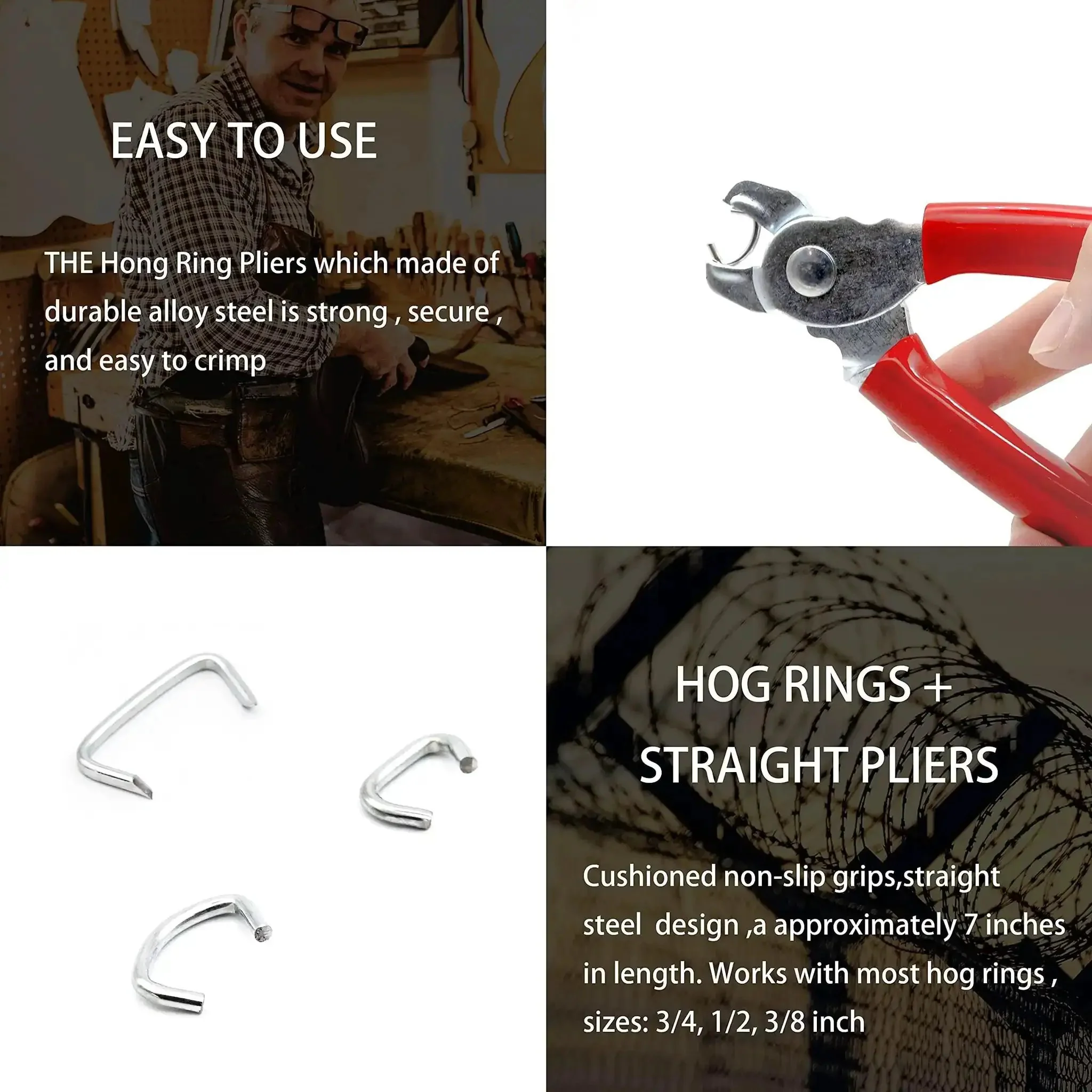 Heavy Duty Hog Ring Kit With Pro Pliers, 270 Rings In 3 Sizes, Galvanized Steel For Fencing, Upholstery, Meat Sausage Casing, Pet Cages, Bungee Ties, Bags And More Ideal For Cages, Fences, Upholstery, Meat Processing And DIY Projects - Image 4