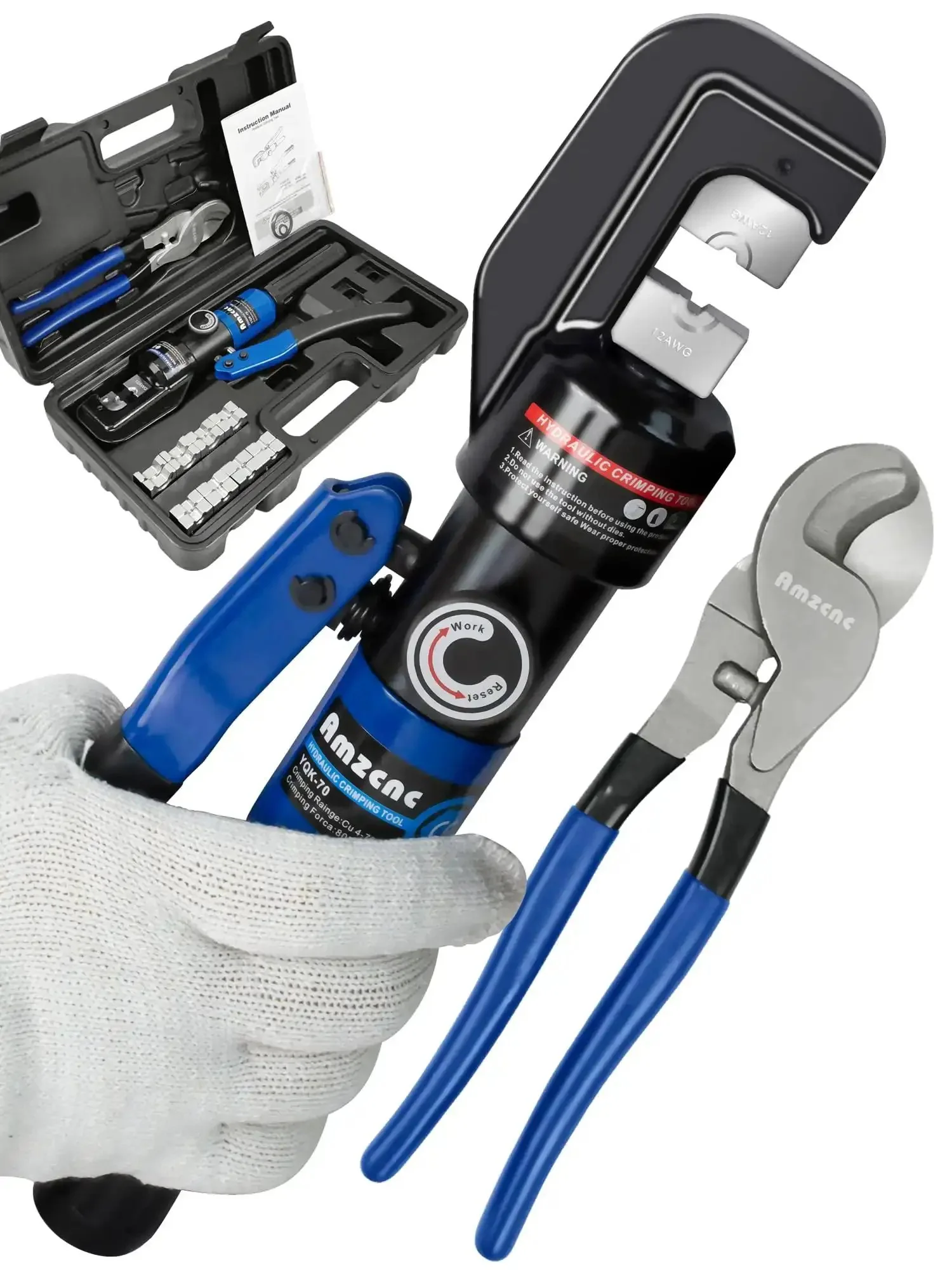 Heavy Duty Hydraulic Crimping Tool And Cable Cutter Set 10 Ton Power Crimper With 12 AWG To 2/0 AWG Range Includes 9 Die Pairs For Battery Cables Lug Crimping And Electrical Terminal Wire Kit
