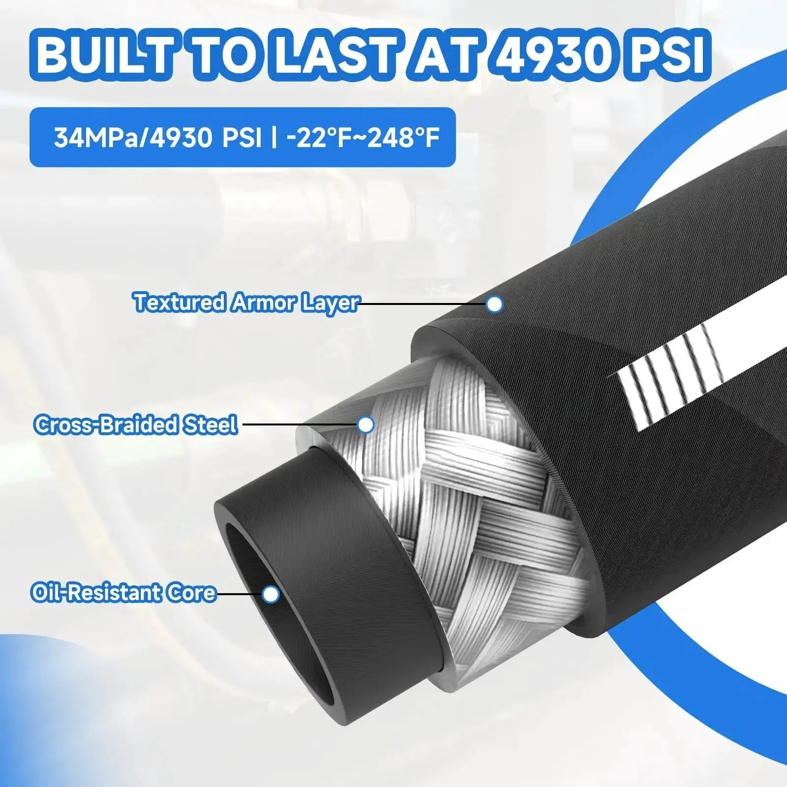 Heavy Duty Hydraulic Hose Built Tough For Rugged Jobs 50 Ft Long 3 Quarter Inch 4930 Psi Four Layer Steel Braided With 10 JIC 37 Degree And 10 NPTF Fittings Ideal For Mining Agriculture And Heavy Machinery - Image 5